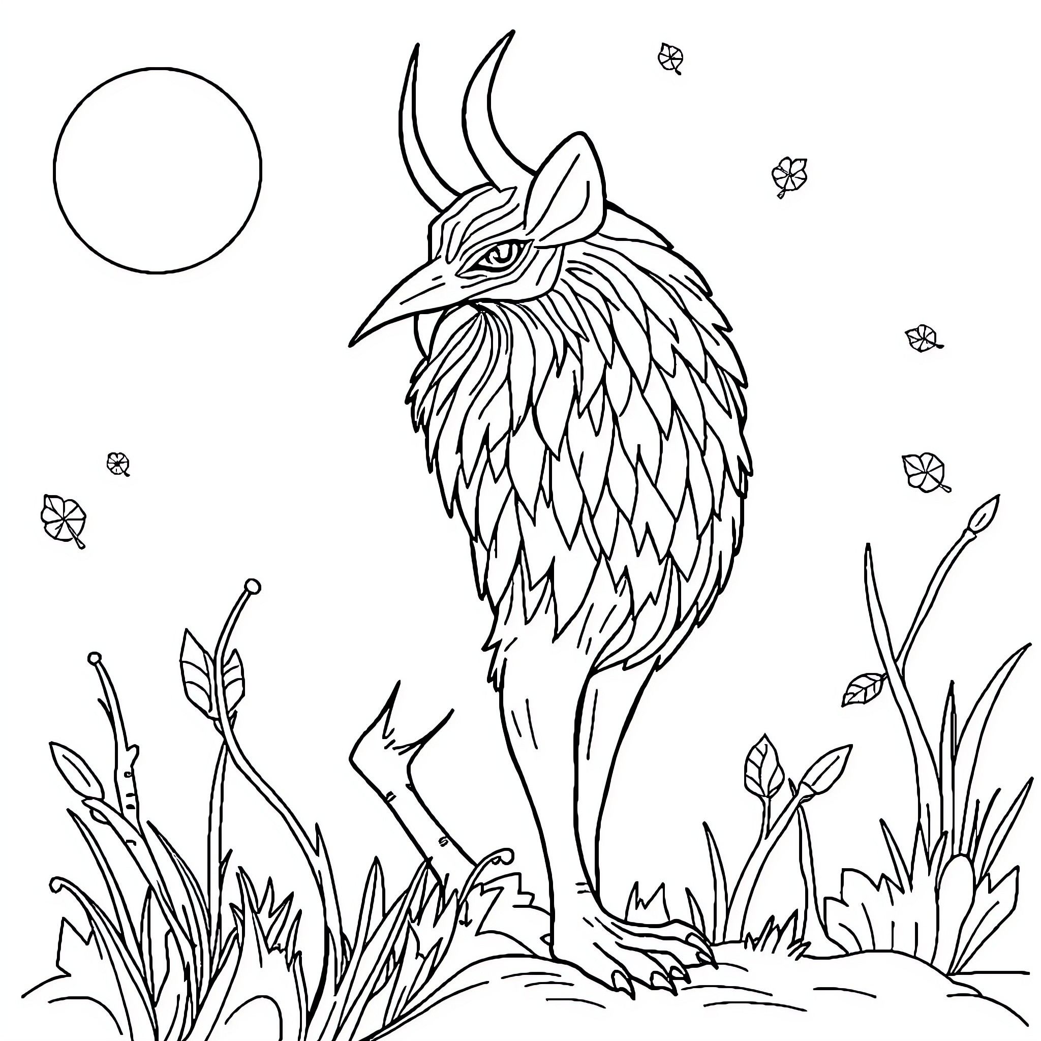 Free Fantastical Bird in Enchanted Forest Coloring Page (free black-and-white line drawing printable PDF for all, from beginners to advanced learners, including children, teens, adults, and seniors)