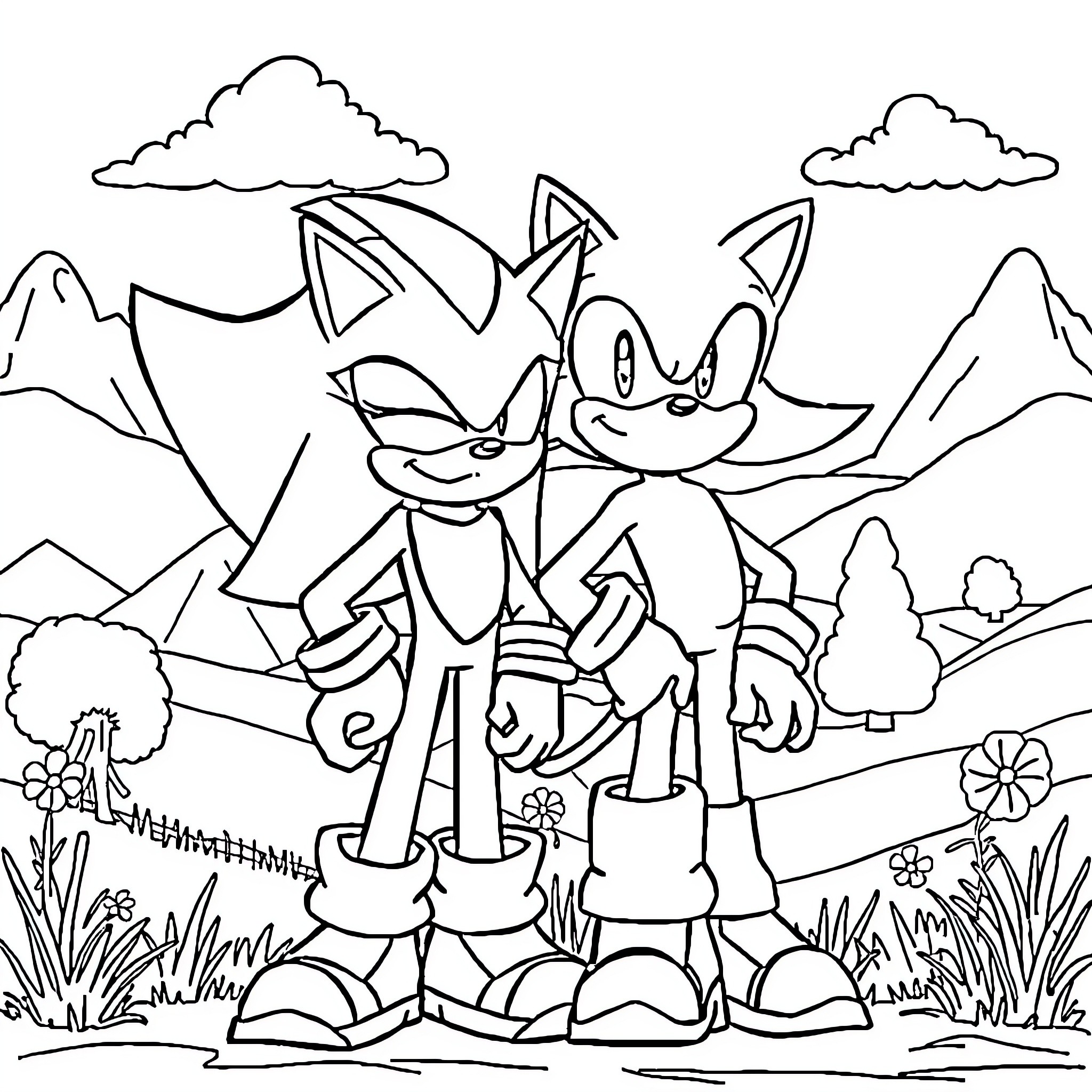 Shadow and Sonic adventuring in the mountains Coloring Page (free black-and-white line drawing printable PDF for all, from beginners to advanced learners, including children, teens, adults, and seniors)