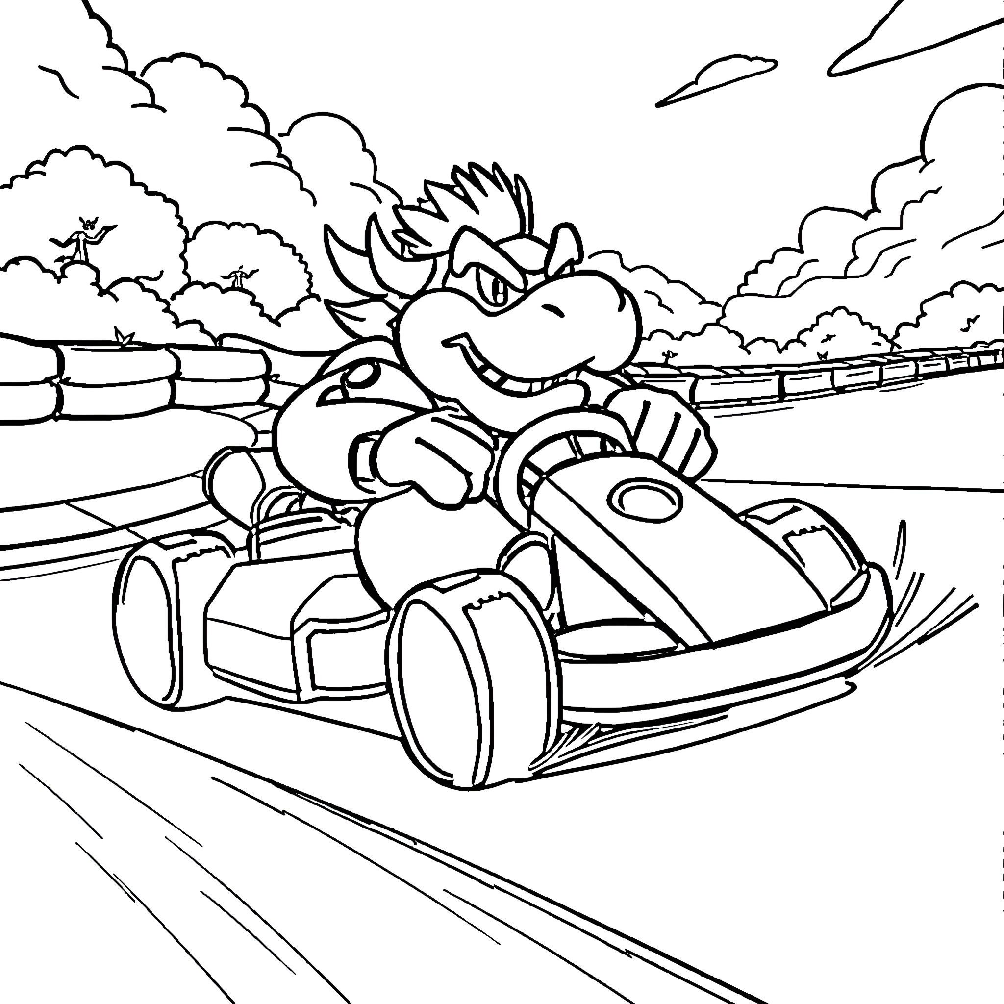 Bowser racing in a kart through the countryside Coloring Page (free black-and-white line drawing printable PDF for all, from beginners to advanced learners, including children, teens, adults, and seniors)