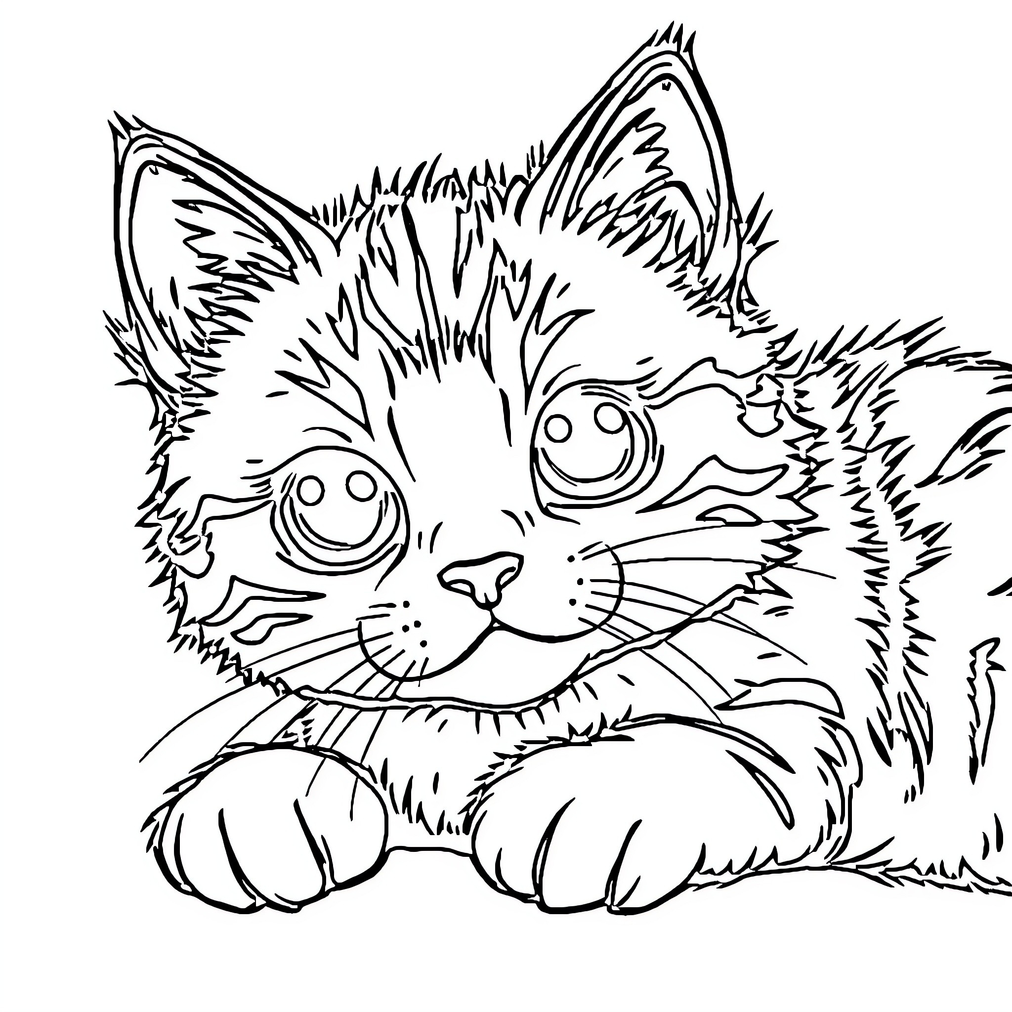 Cat drawing with big eyes and expressive fur Coloring Page (free black-and-white line drawing printable PDF for all, from beginners to advanced learners, including children, teens, adults, and seniors)