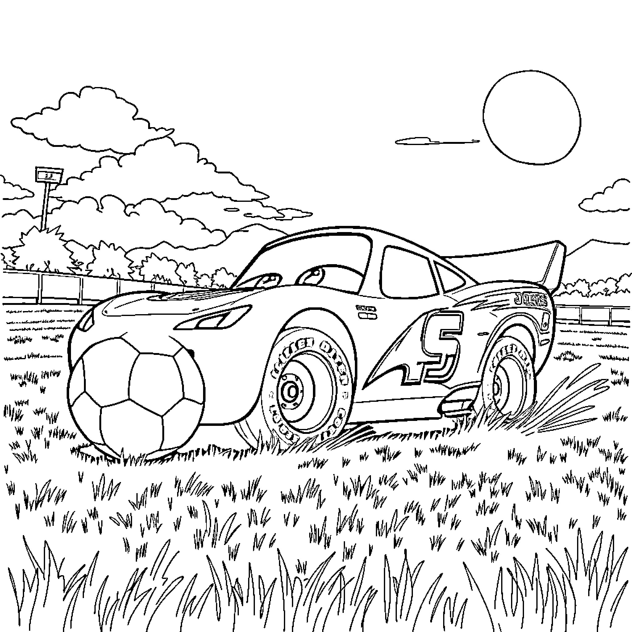 Lightning McQueen playing with a soccer ball in the park Coloring Page (free black-and-white line drawing printable PDF for all, from beginners to advanced learners, including children, teens, adults, and seniors)