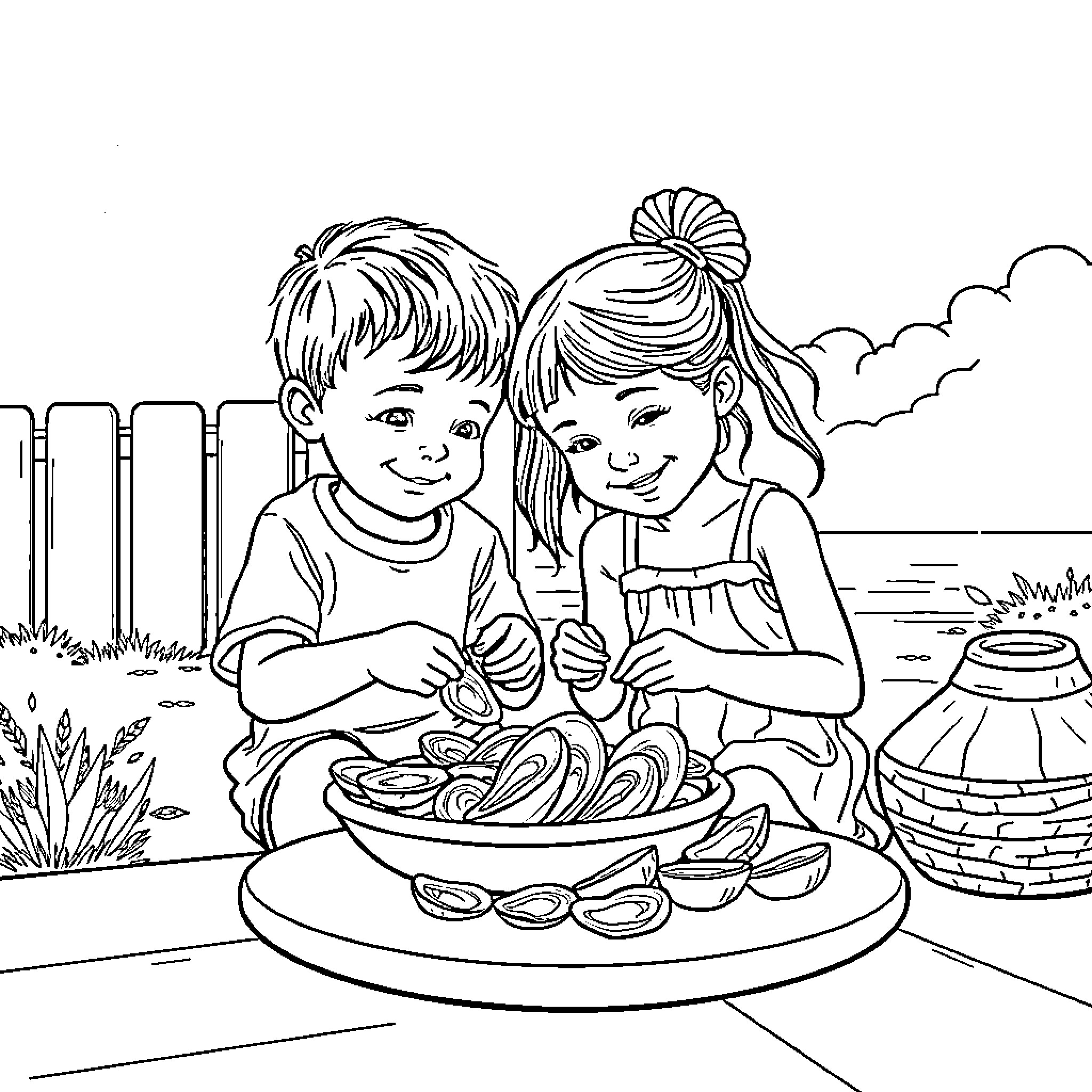 Child friends sharing a picnic outdoors Coloring Page (free black-and-white line drawing printable PDF for all, from beginners to advanced learners, including children, teens, adults, and seniors)