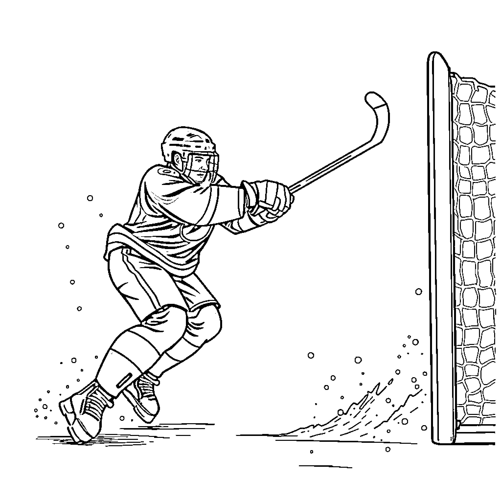 Hockey Player Swinging Stick and Taking Shot Coloring Page (free black-and-white line drawing printable PDF for all, from beginners to advanced learners, including children, teens, adults, and seniors)