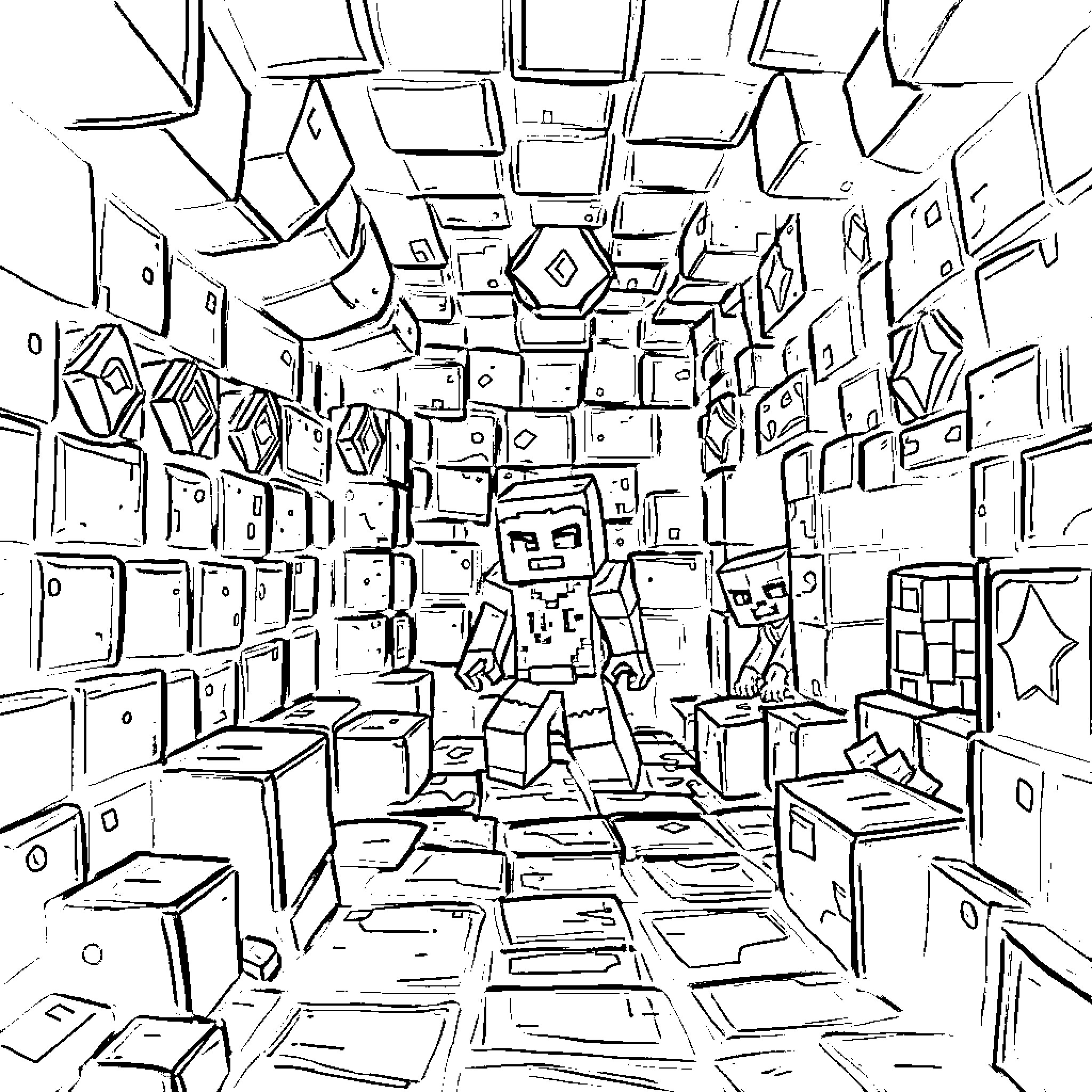 Minecraft characters exploring a vast storage room Coloring Page (free black-and-white line drawing printable PDF for all, from beginners to advanced learners, including children, teens, adults, and seniors)