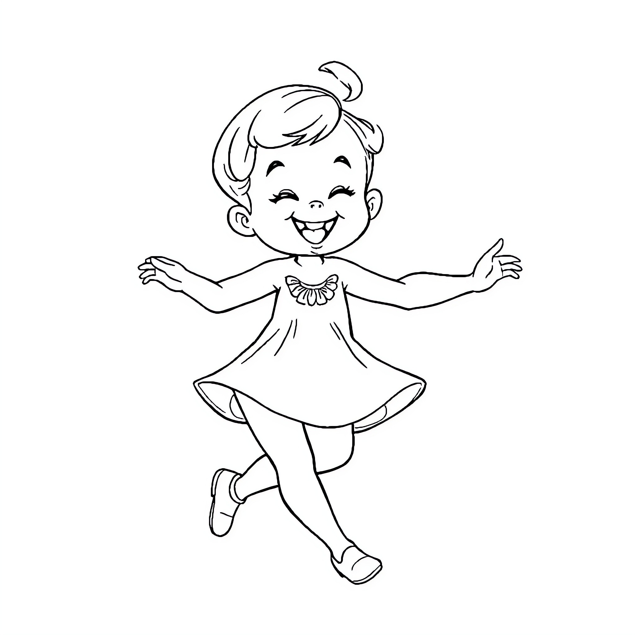 Bebe girl joyfully dancing in dress Coloring Page (free black-and-white line drawing printable PDF for all, from beginners to advanced learners, including children, teens, adults, and seniors)