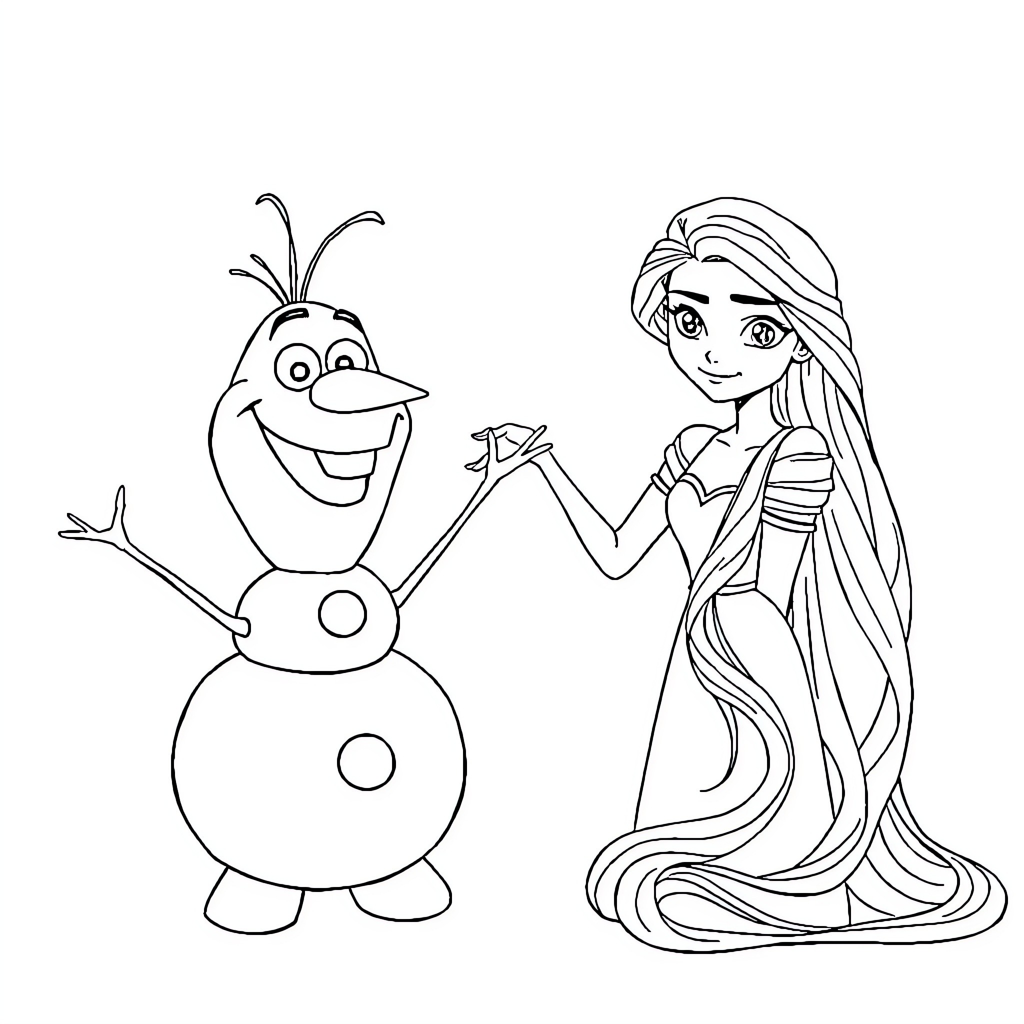 Olaf and Rapunzel playing together Coloring Page (free black-and-white line drawing printable PDF for all, from beginners to advanced learners, including children, teens, adults, and seniors)