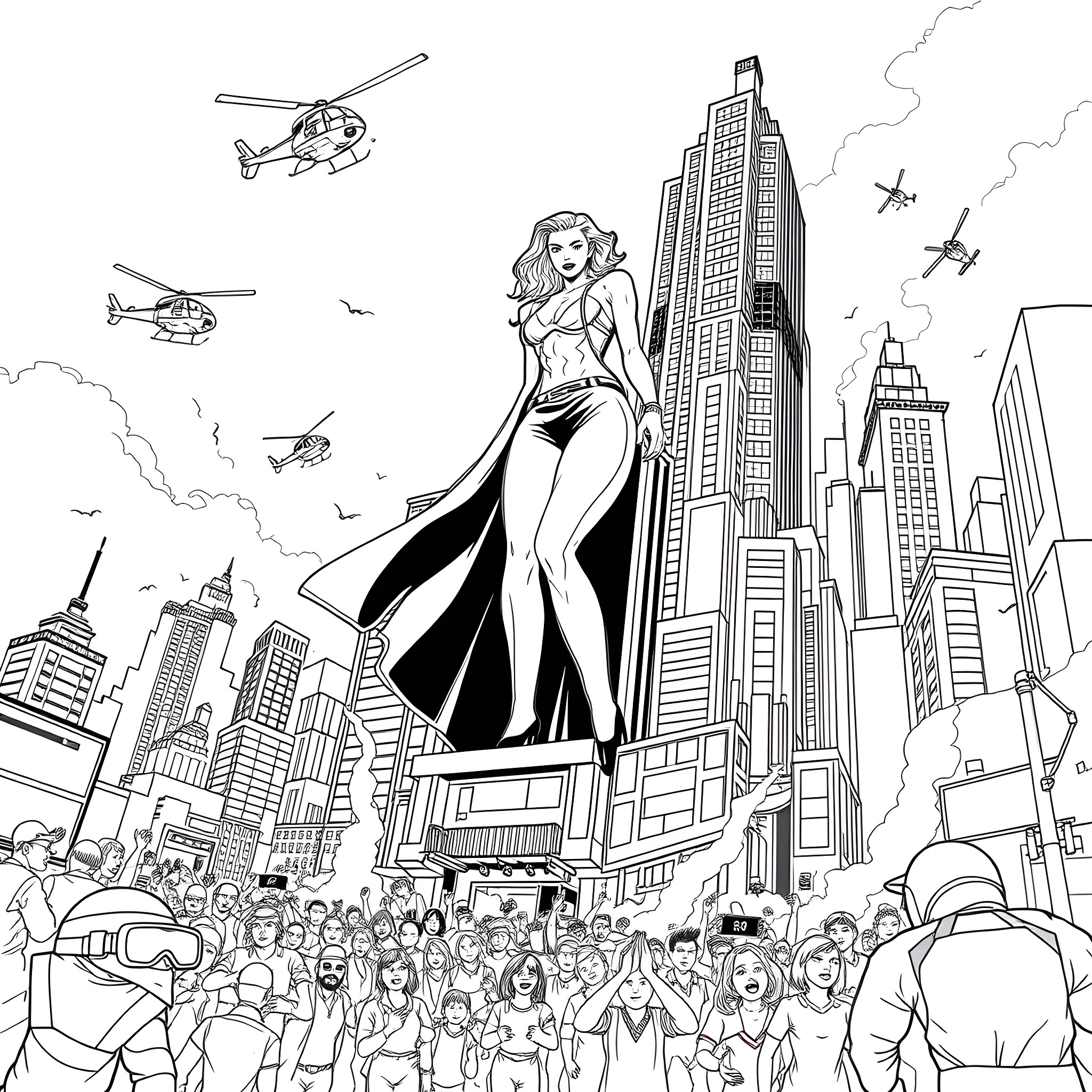Woman in Glamorous Attire Amid Bustling City Skyline Coloring Page (free black-and-white line drawing printable PDF for all, from beginners to advanced learners, including children, teens, adults, and seniors)