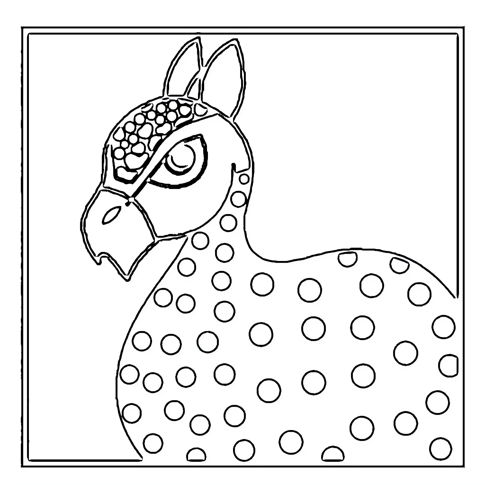 Dot to Dot Unique Llama with Patterned Spots Coloring Page (free black-and-white line drawing printable PDF for all, from beginners to advanced learners, including children, teens, adults, and seniors)