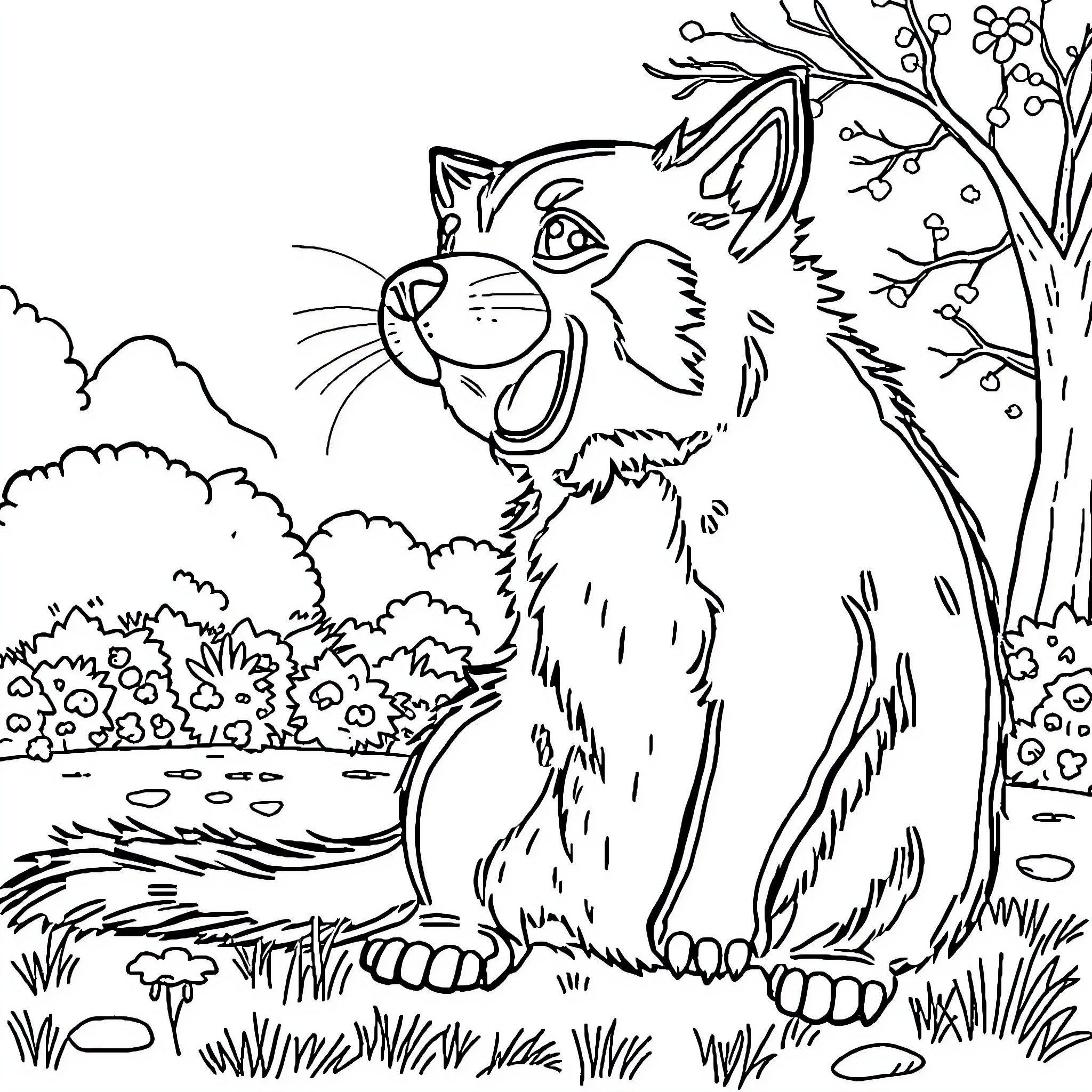 Perrito exploring the forest wonderland Coloring Page (free black-and-white line drawing printable PDF for all, from beginners to advanced learners, including children, teens, adults, and seniors)