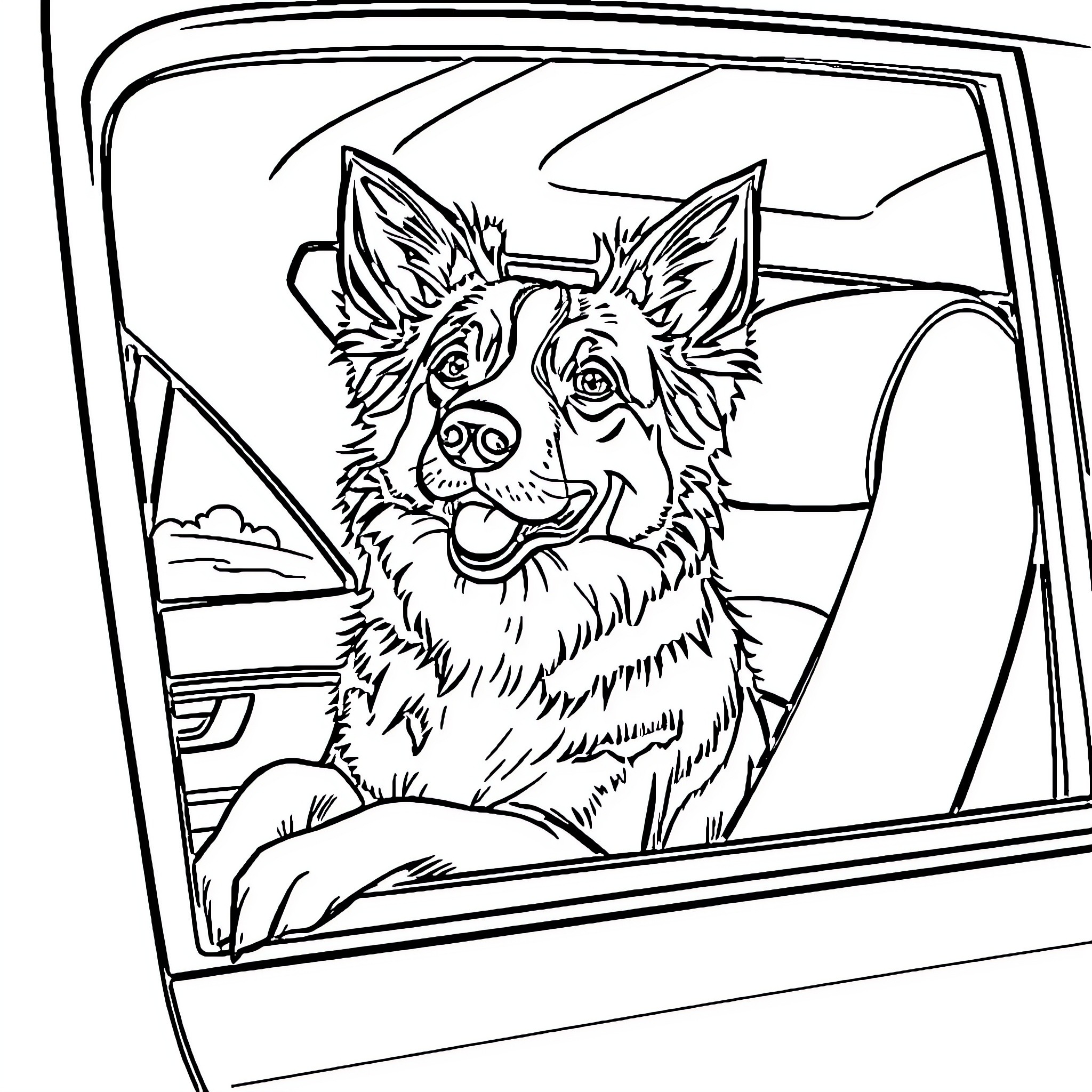Border Collie happily looking out car window Coloring Page (free black-and-white line drawing printable PDF for all, from beginners to advanced learners, including children, teens, adults, and seniors)