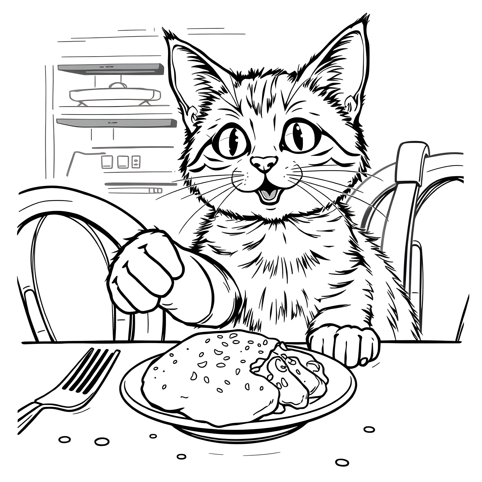 Cat enjoying a delicious meal at the table Coloring Page (free black-and-white line drawing printable PDF for all, from beginners to advanced learners, including children, teens, adults, and seniors)