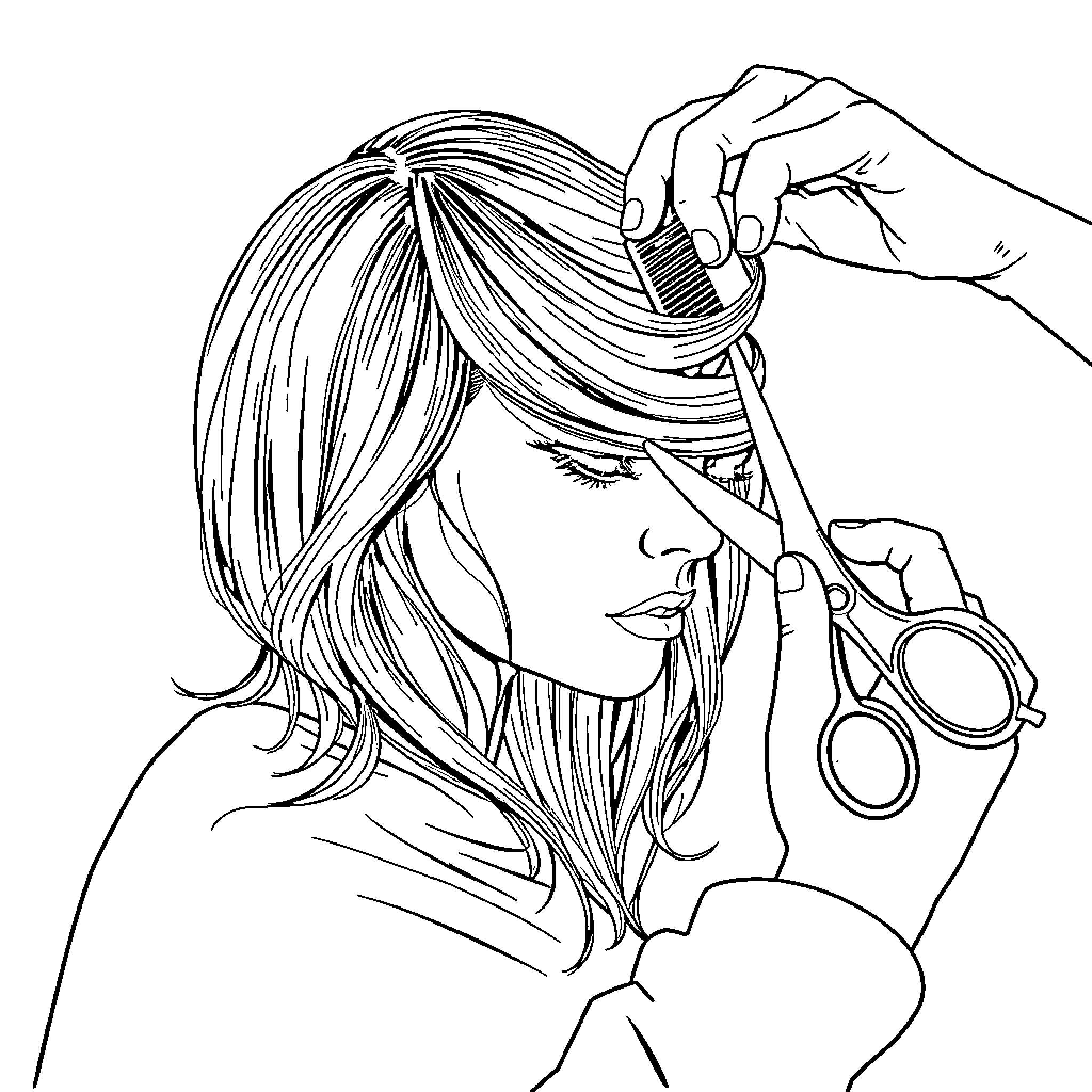 Hair Stylist at Work with Scissors Coloring Page (free black-and-white line drawing printable PDF for all, from beginners to advanced learners, including children, teens, adults, and seniors)