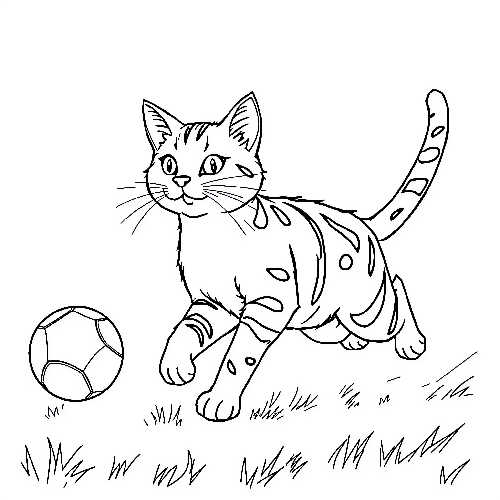 Cat playing with toy ball in grassy field Coloring Page (free black-and-white line drawing printable PDF for all, from beginners to advanced learners, including children, teens, adults, and seniors)