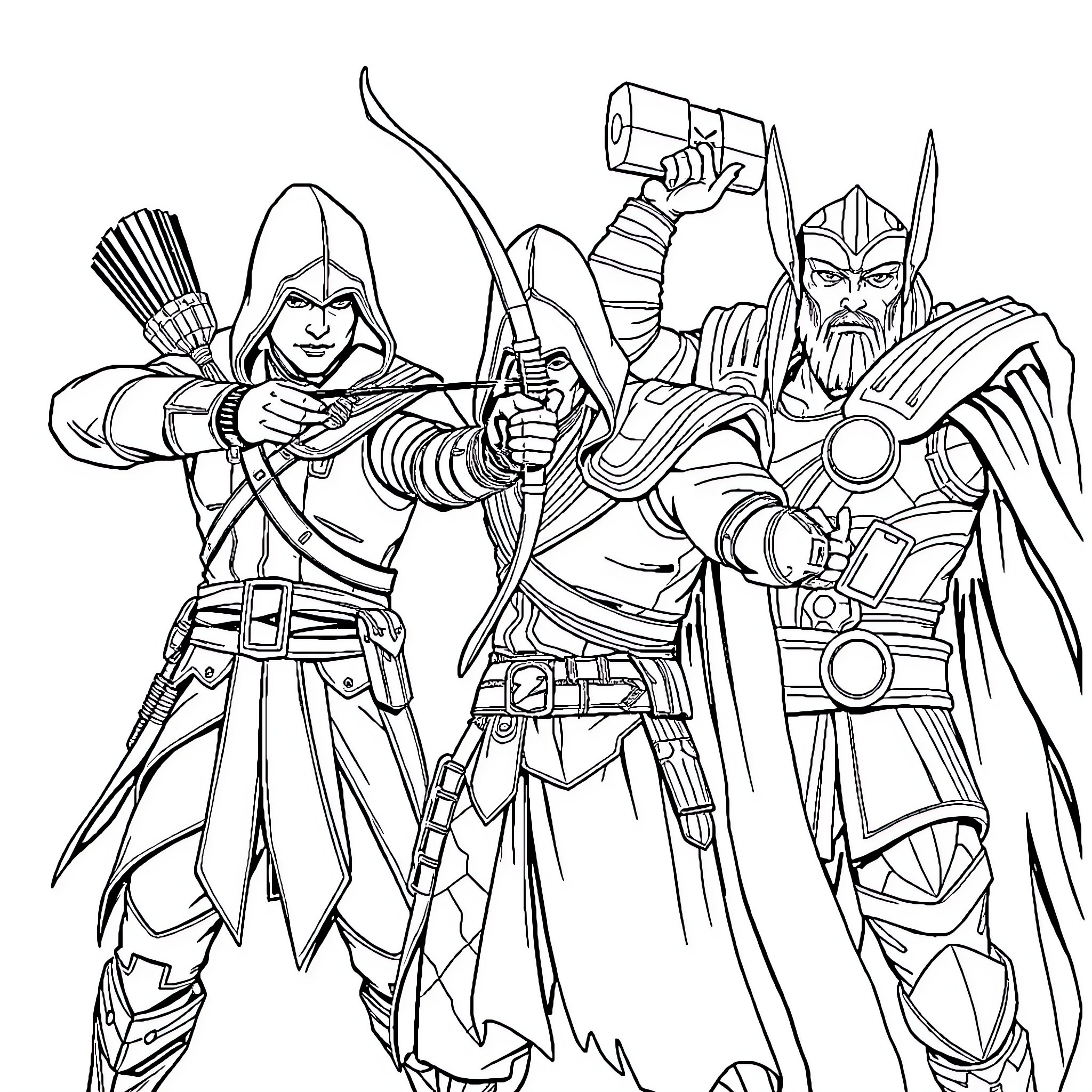 Assassin heroes in battle stance Coloring Page (free black-and-white line drawing printable PDF for all, from beginners to advanced learners, including children, teens, adults, and seniors)