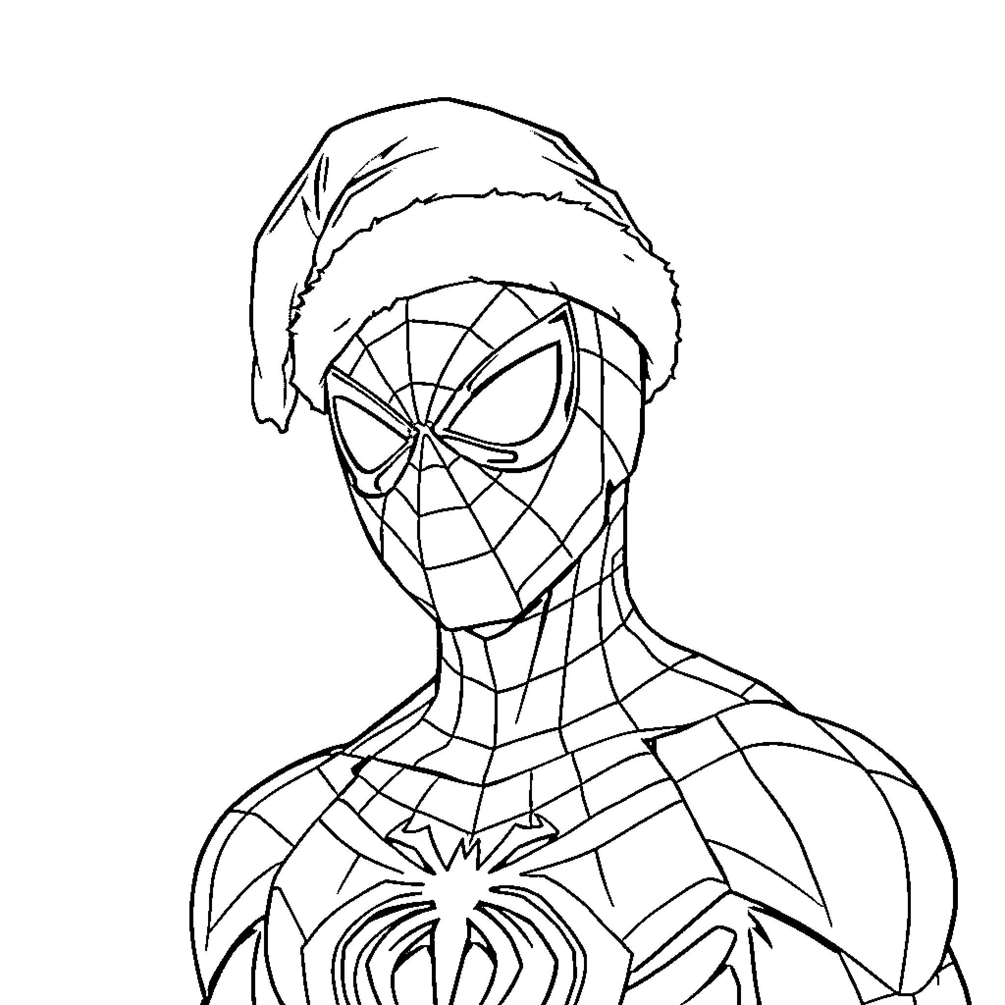 Spiderman in Christmas attire Coloring Page (free black-and-white line drawing printable PDF for all, from beginners to advanced learners, including children, teens, adults, and seniors)