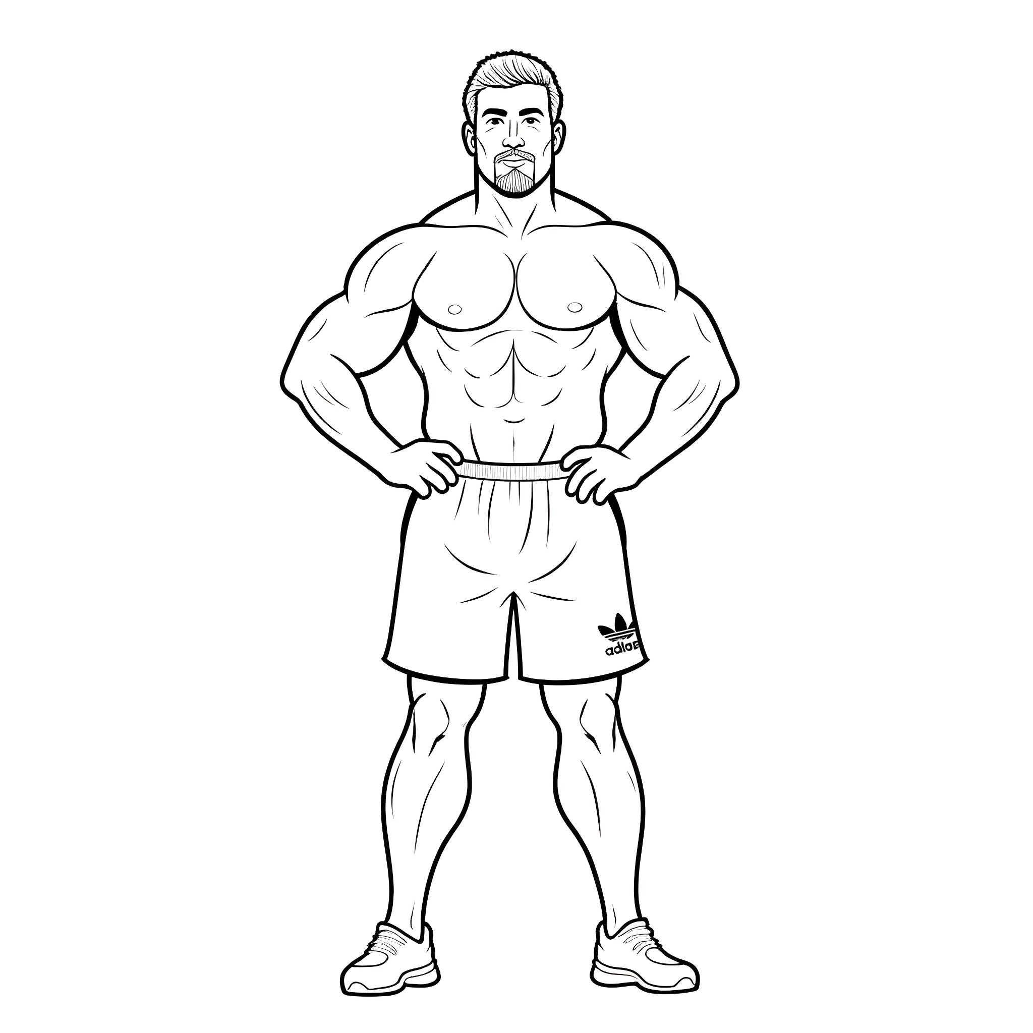Muscle Guy Displaying Muscular Physique Coloring Page (free black-and-white line drawing printable PDF for all, from beginners to advanced learners, including children, teens, adults, and seniors)