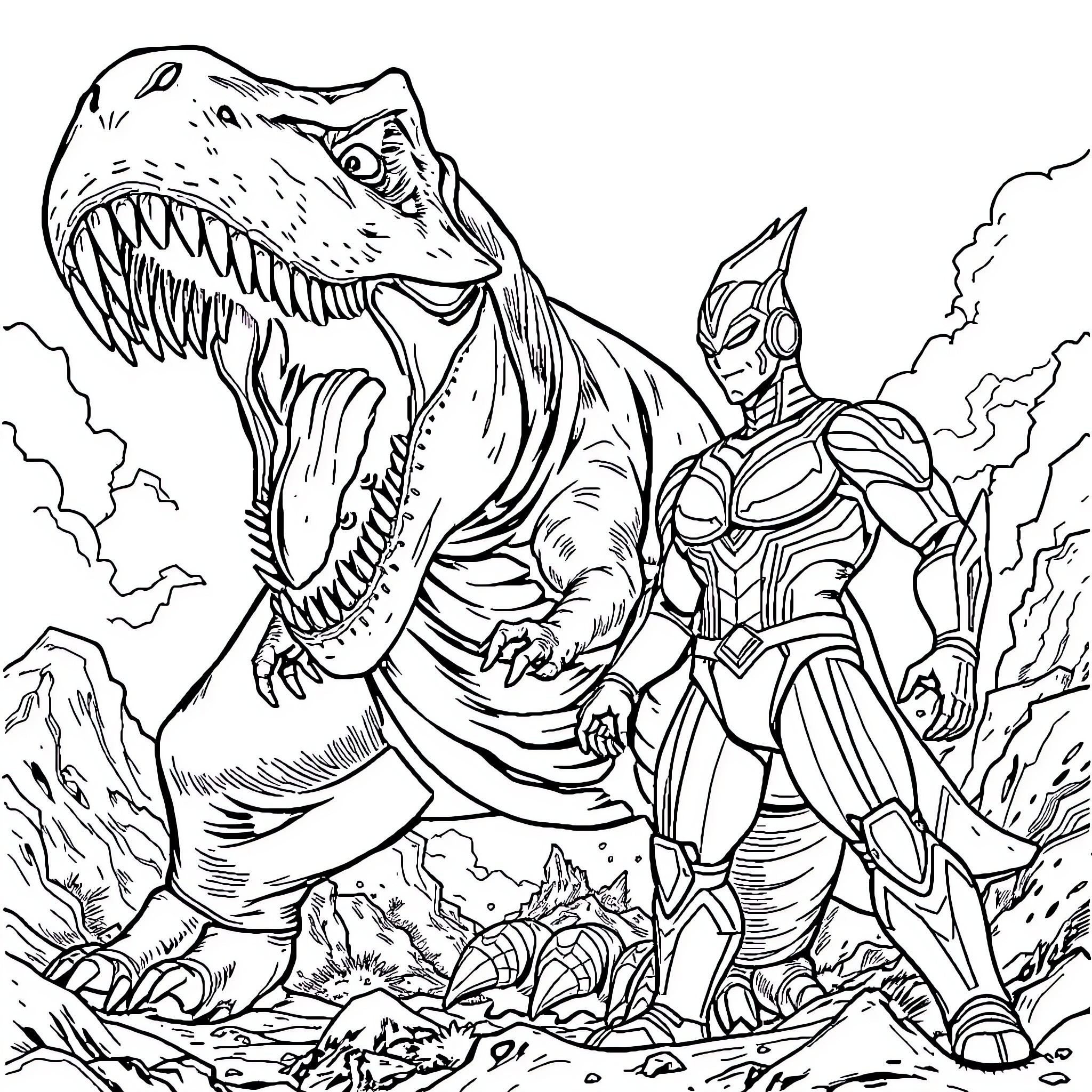 T-Rex Confronting Superhero in Dramatic Landscape Coloring Page (free black-and-white line drawing printable PDF for all, from beginners to advanced learners, including children, teens, adults, and seniors)