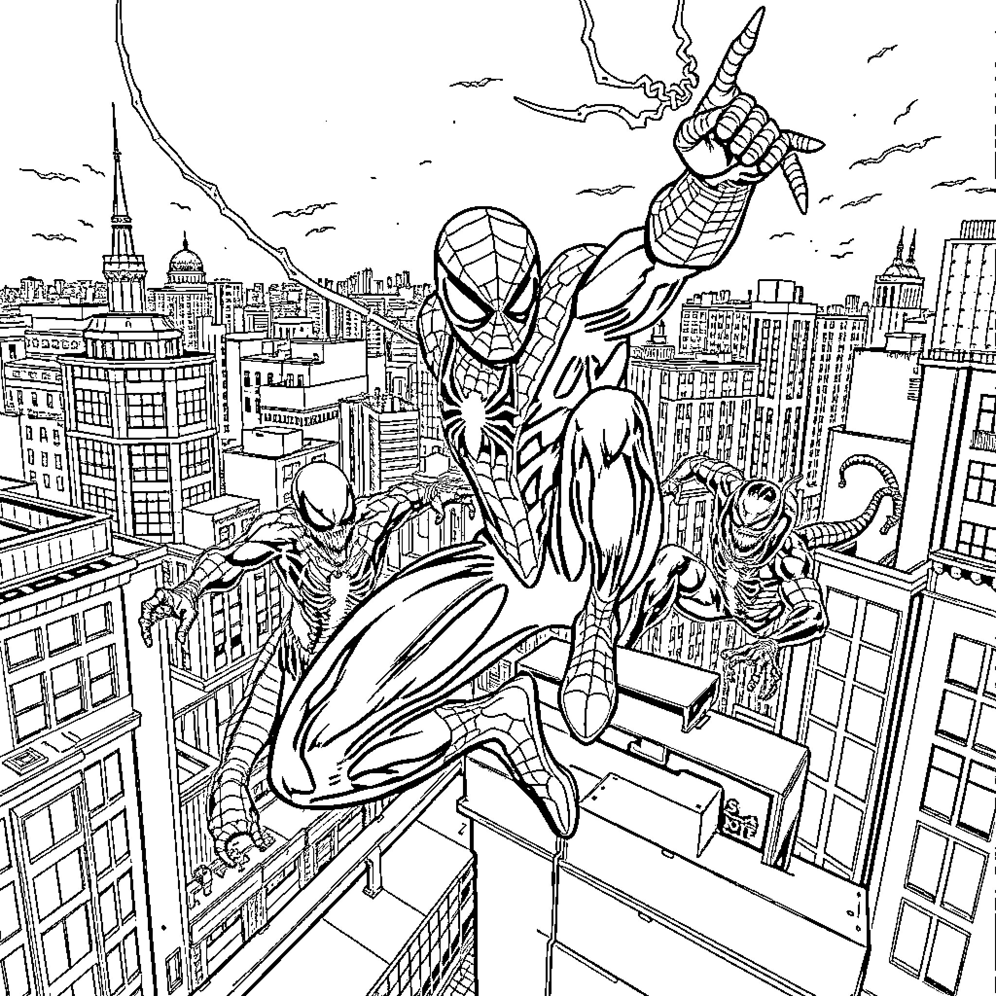 Spiderman swinging through the city skyline Coloring Page (free black-and-white line drawing printable PDF for all, from beginners to advanced learners, including children, teens, adults, and seniors)