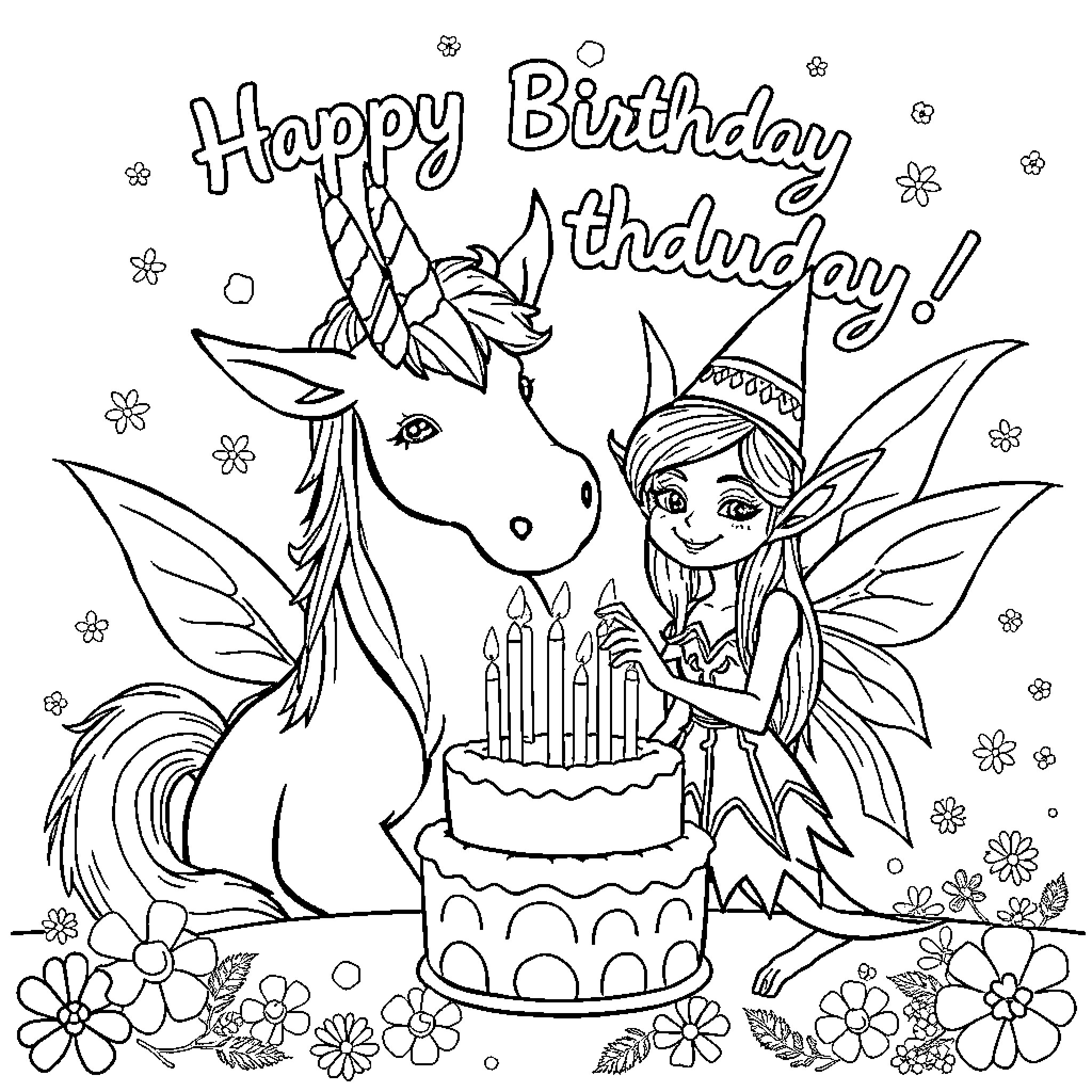 Unicorn and fairy celebrating birthday together Coloring Page (free black-and-white line drawing printable PDF for all, from beginners to advanced learners, including children, teens, adults, and seniors)