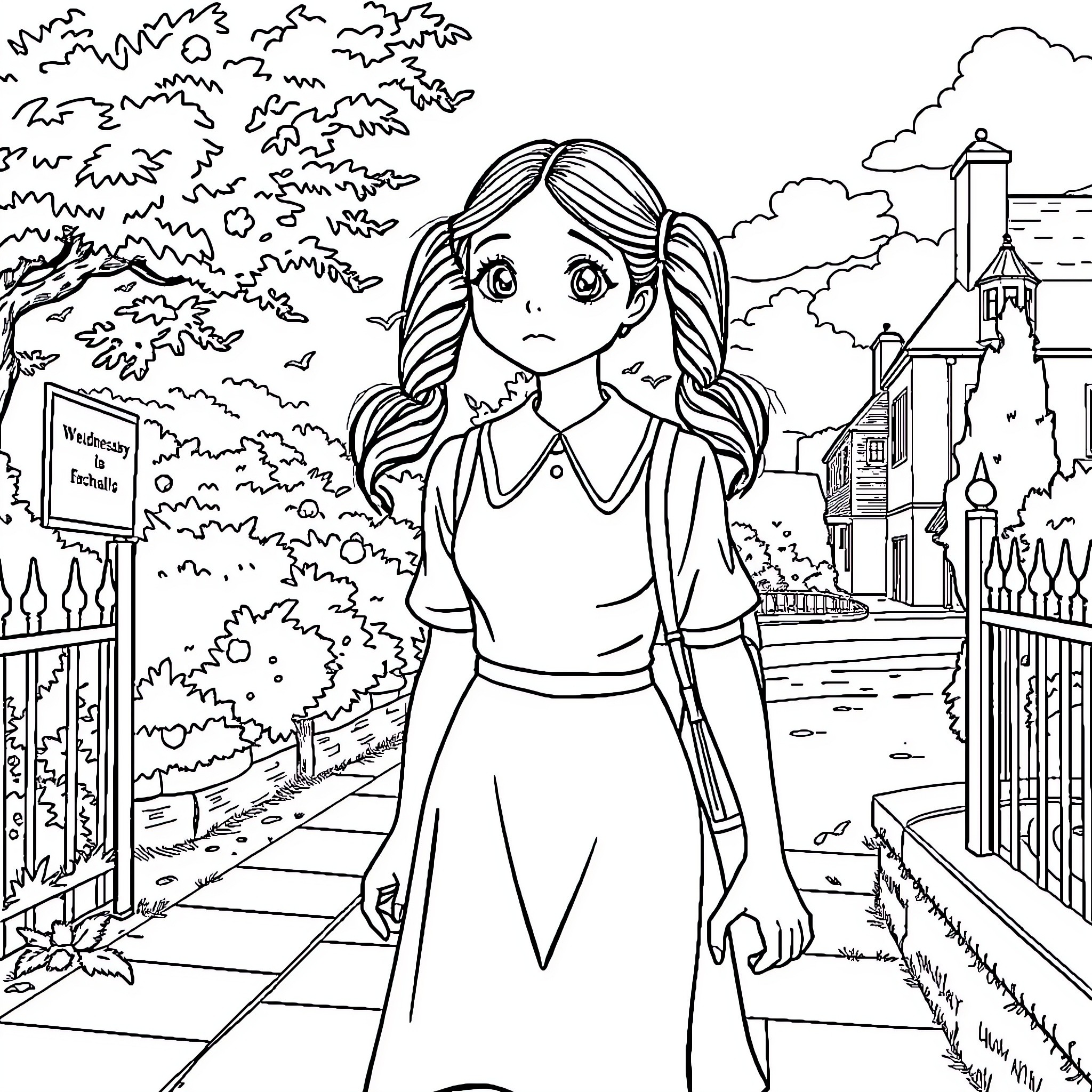 Wednesday Addams walking in a whimsical town Coloring Page (free black-and-white line drawing printable PDF for all, from beginners to advanced learners, including children, teens, adults, and seniors)