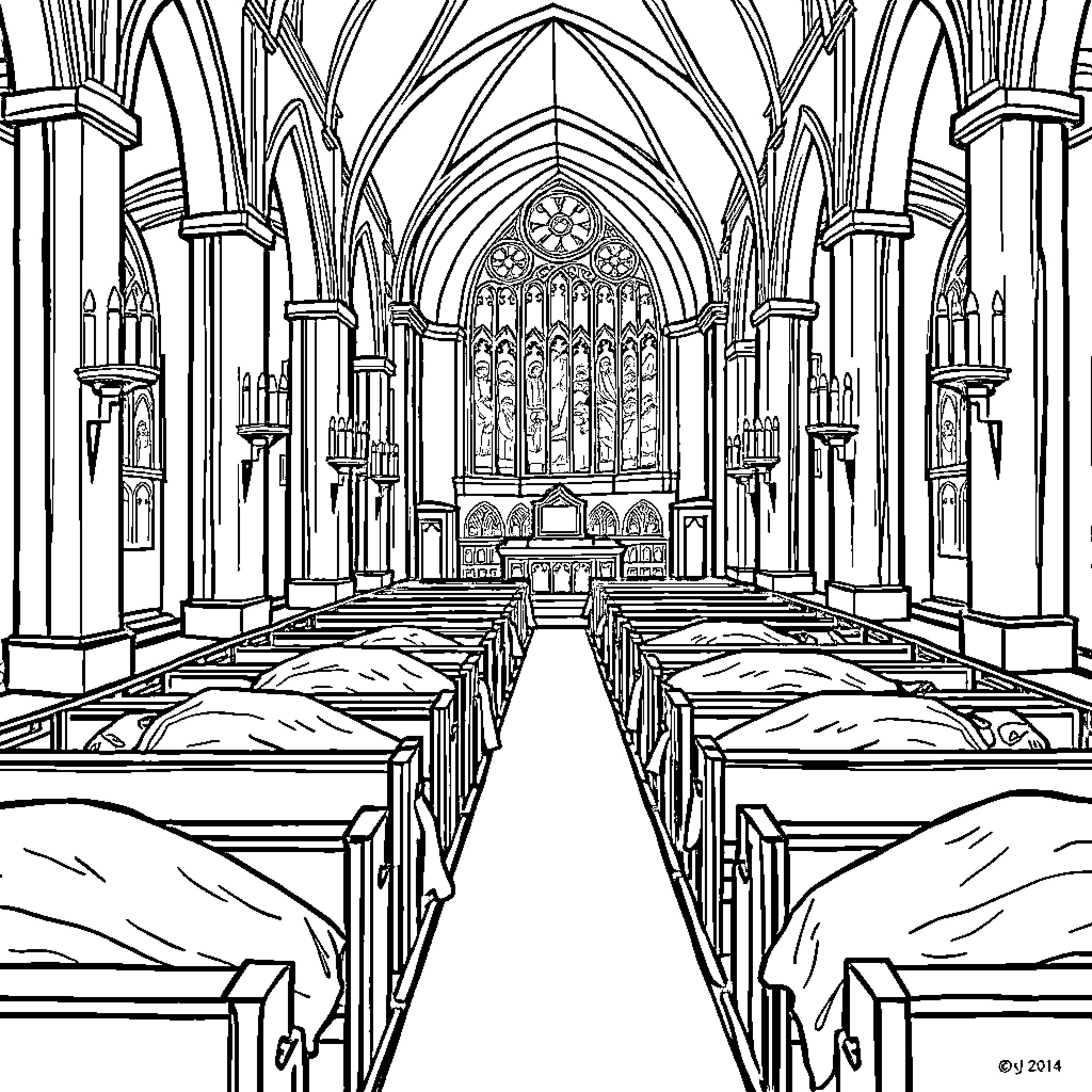 Church interior with ornate architecture and pews Coloring Page (free black-and-white line drawing printable PDF for all, from beginners to advanced learners, including children, teens, adults, and seniors)