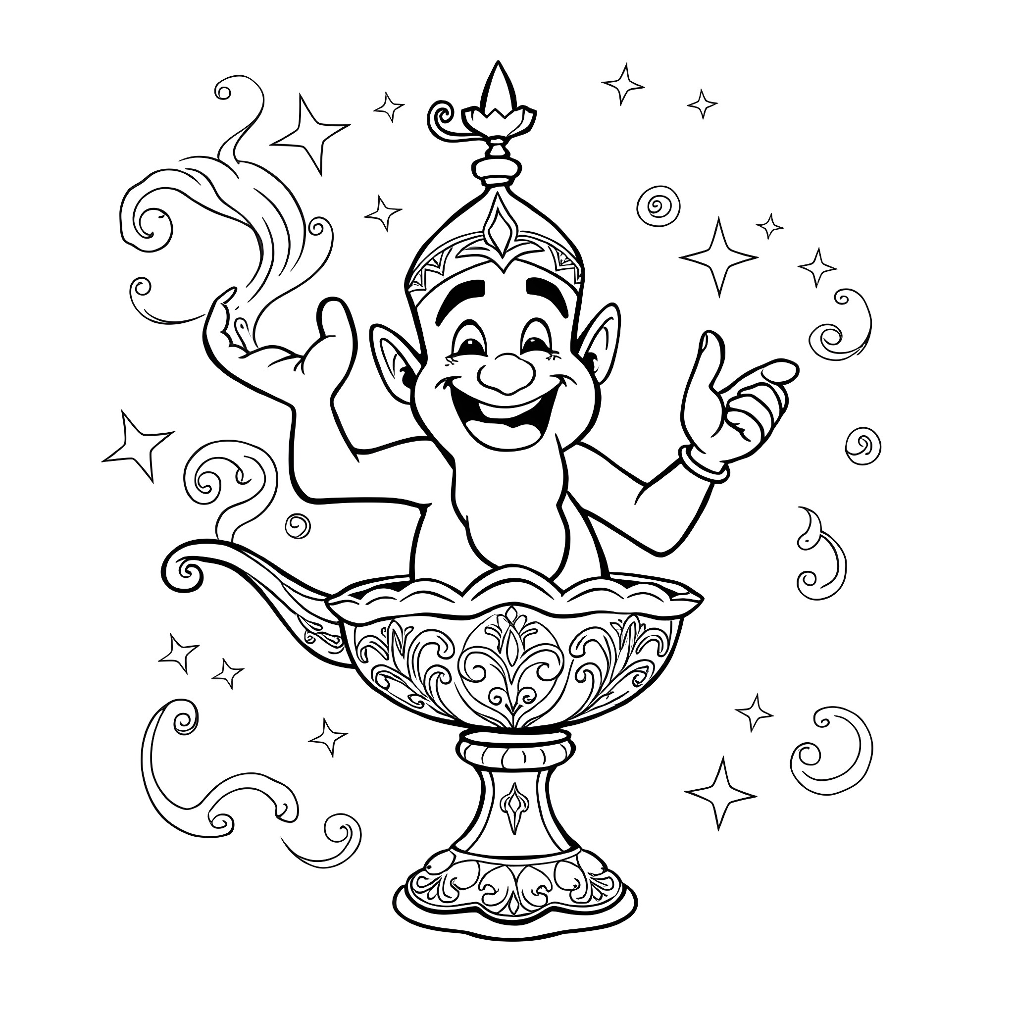 Genie granting wishes with magical effects Coloring Page (free black-and-white line drawing printable PDF for all, from beginners to advanced learners, including children, teens, adults, and seniors)