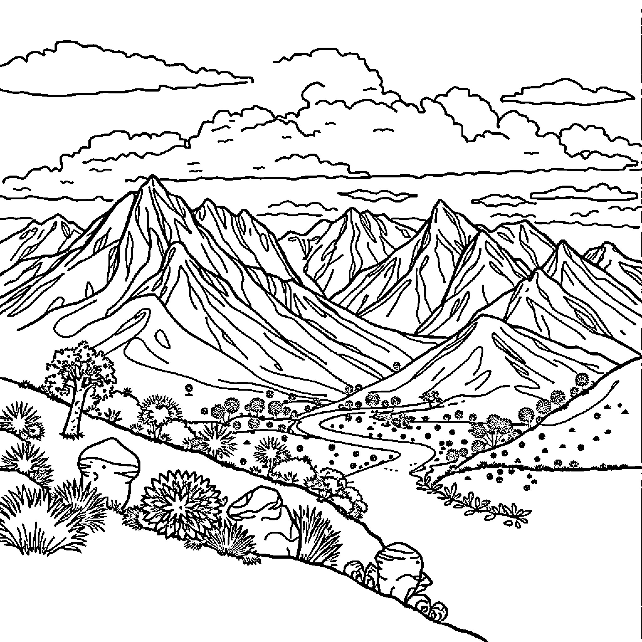 Dafuria's Majestic Mountain Landscape Coloring Page (free black-and-white line drawing printable PDF for all, from beginners to advanced learners, including children, teens, adults, and seniors)