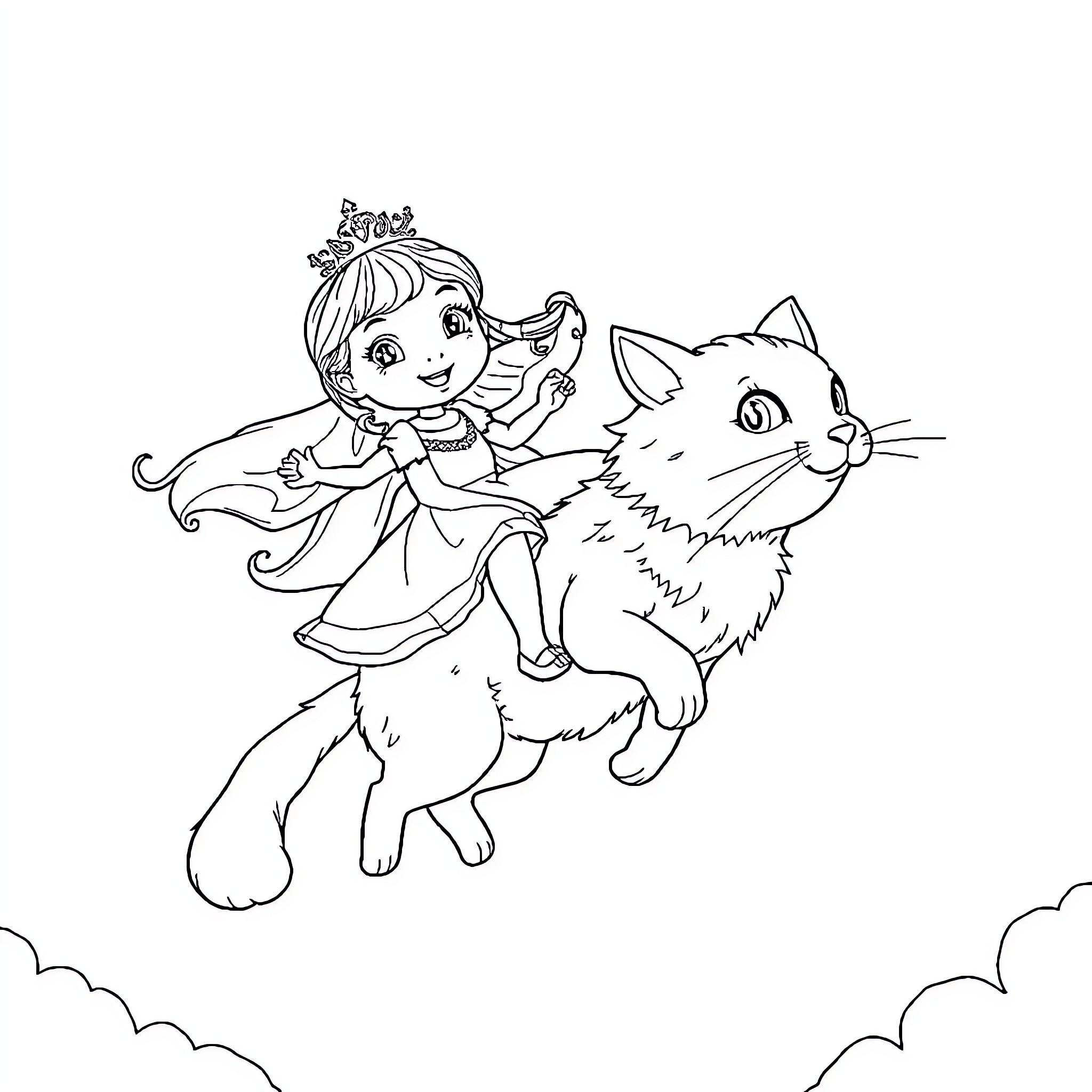 Princess Riding a Fluffy Companion in the Sky Coloring Page (free black-and-white line drawing printable PDF for all, from beginners to advanced learners, including children, teens, adults, and seniors)