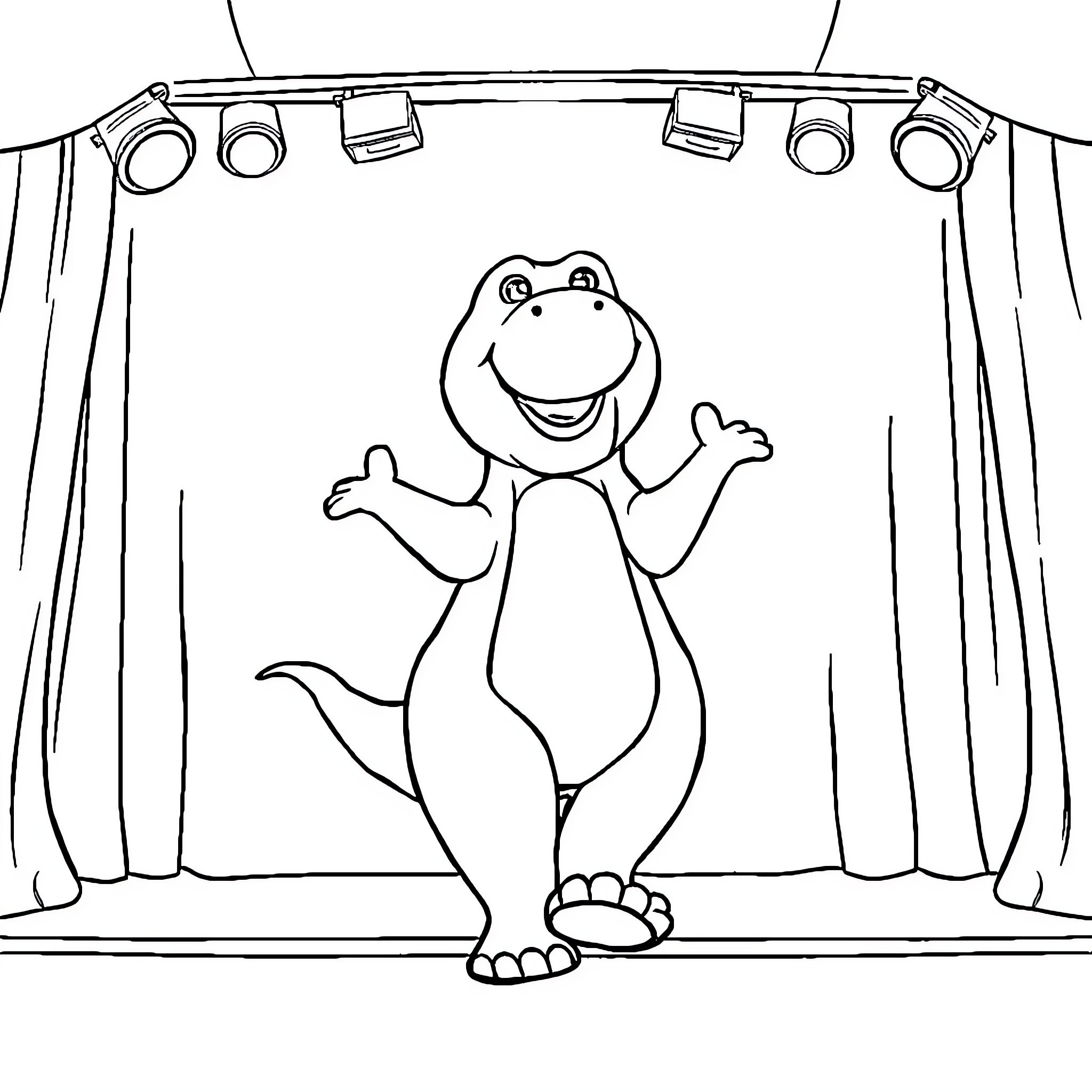 Barney dancing joyfully on stage Coloring Page (free black-and-white line drawing printable PDF for all, from beginners to advanced learners, including children, teens, adults, and seniors)