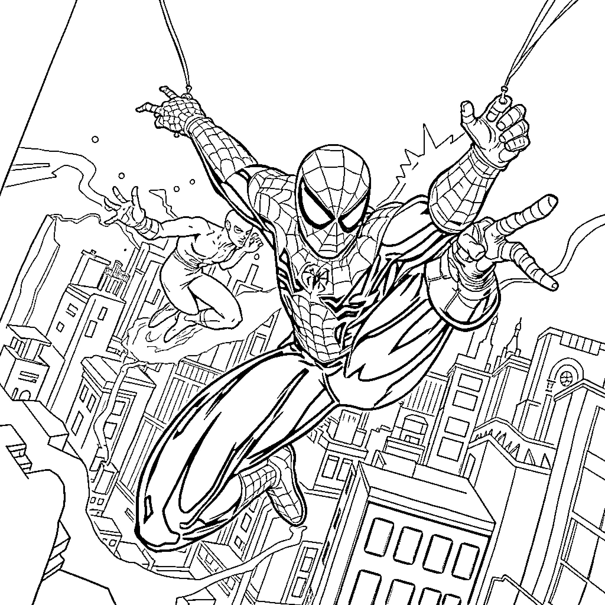 Spider-Man swinging through the city with action and determination Coloring Page (free black-and-white line drawing printable PDF for all, from beginners to advanced learners, including children, teens, adults, and seniors)