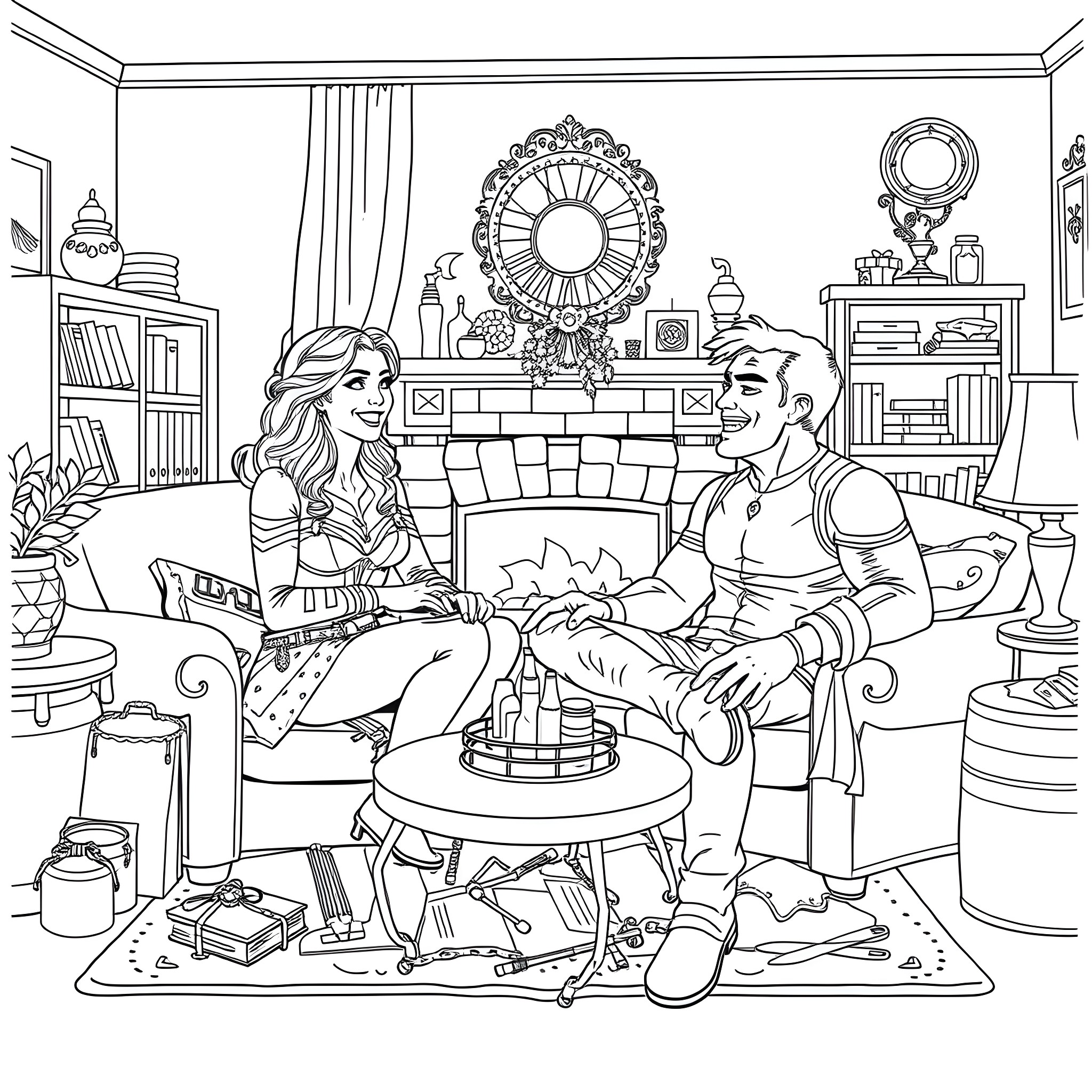 Wanda and Vision Relaxing in Cozy Living Room Coloring Page (free black-and-white line drawing printable PDF for all, from beginners to advanced learners, including children, teens, adults, and seniors)