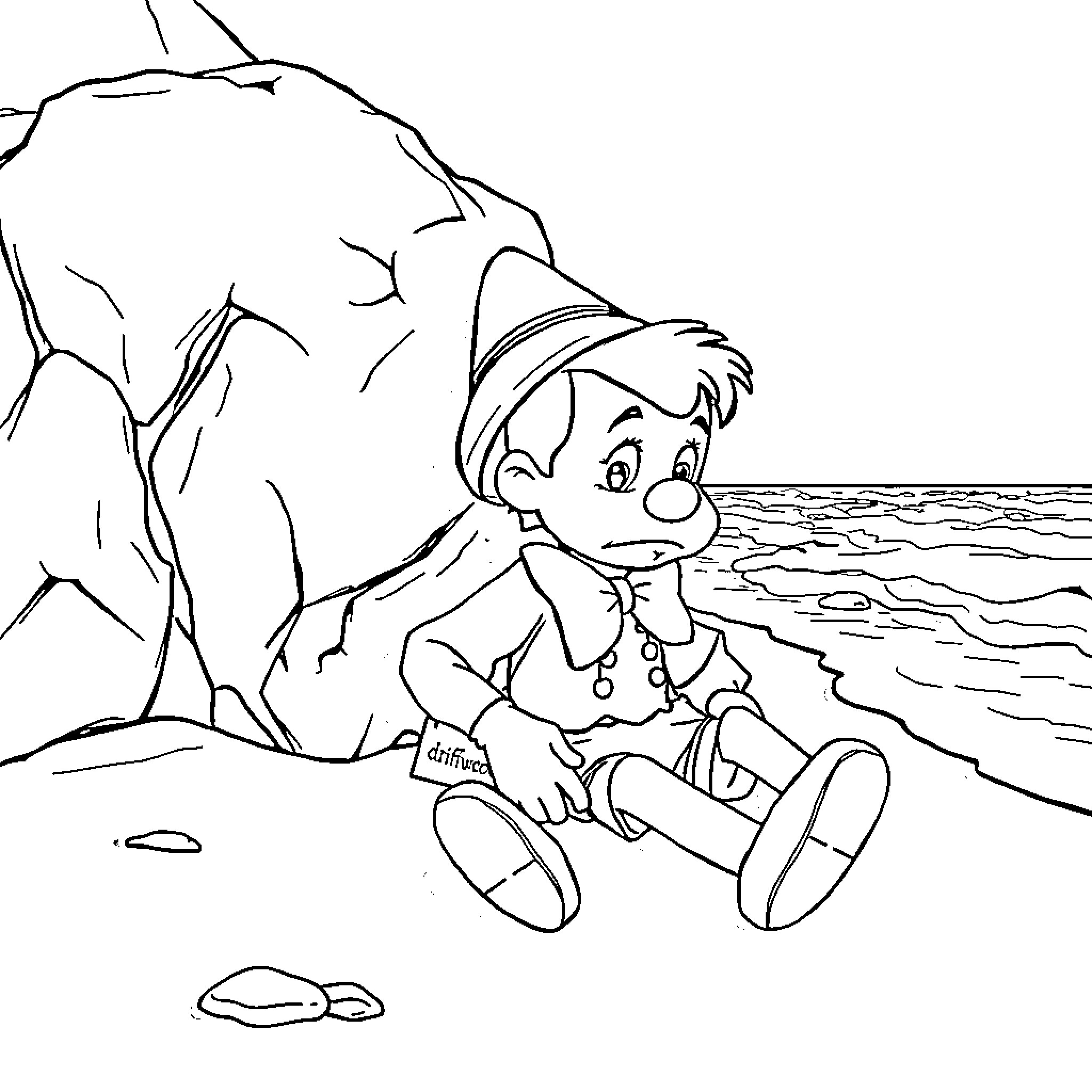 Pinocchio sitting alone on a rocky beach Coloring Page (free black-and-white line drawing printable PDF for all, from beginners to advanced learners, including children, teens, adults, and seniors)