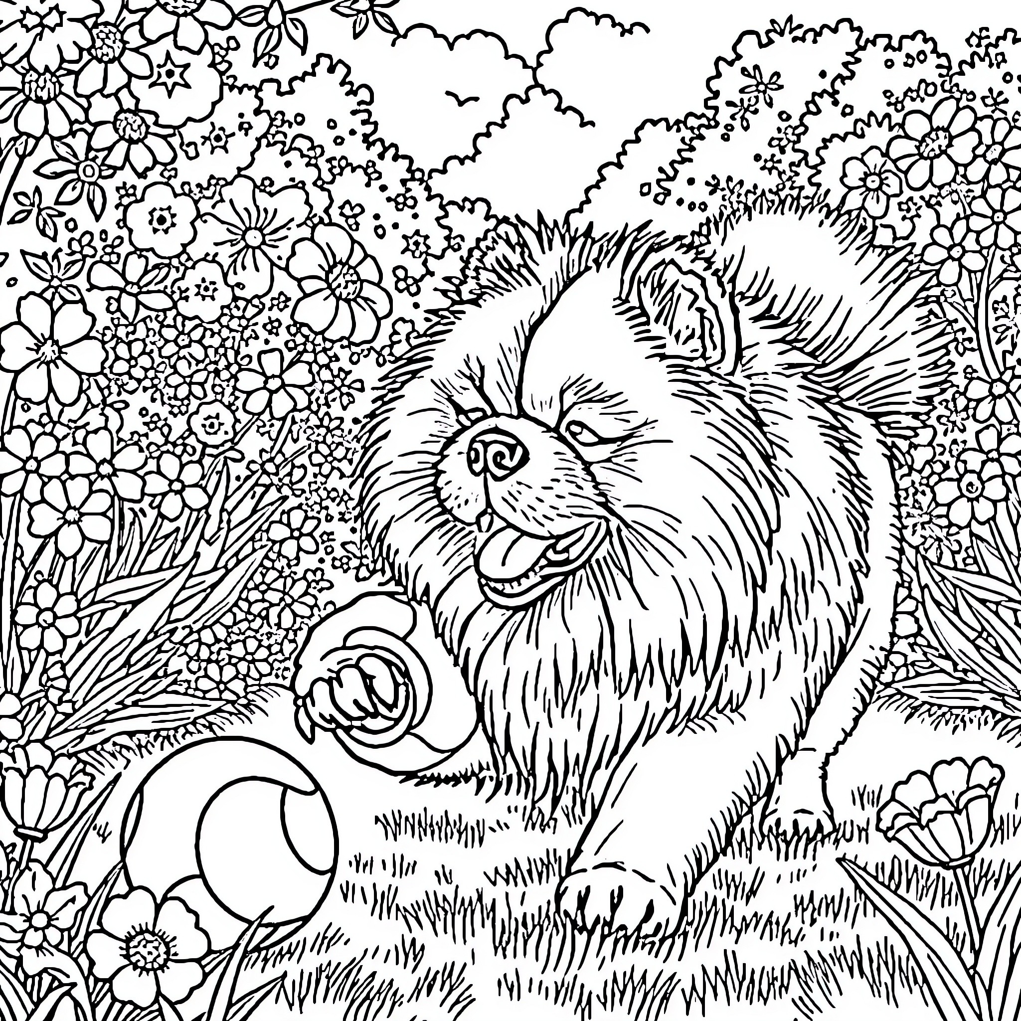 Chow Chow Resting Among Vibrant Flowers Coloring Page (free black-and-white line drawing printable PDF for all, from beginners to advanced learners, including children, teens, adults, and seniors)