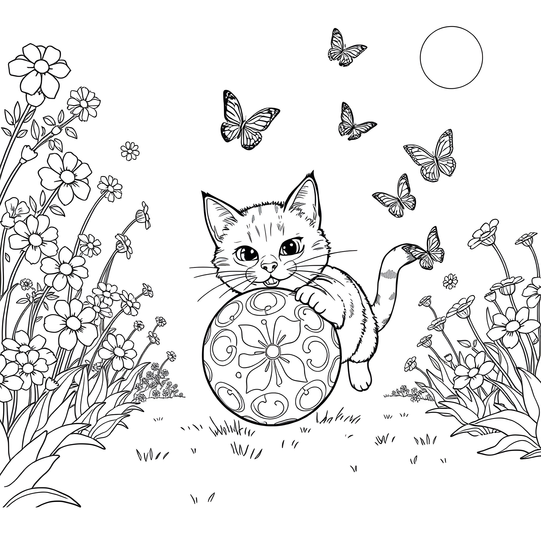Cat playfully surrounded by butterflies and flowers Coloring Page (free black-and-white line drawing printable PDF for all, from beginners to advanced learners, including children, teens, adults, and seniors)
