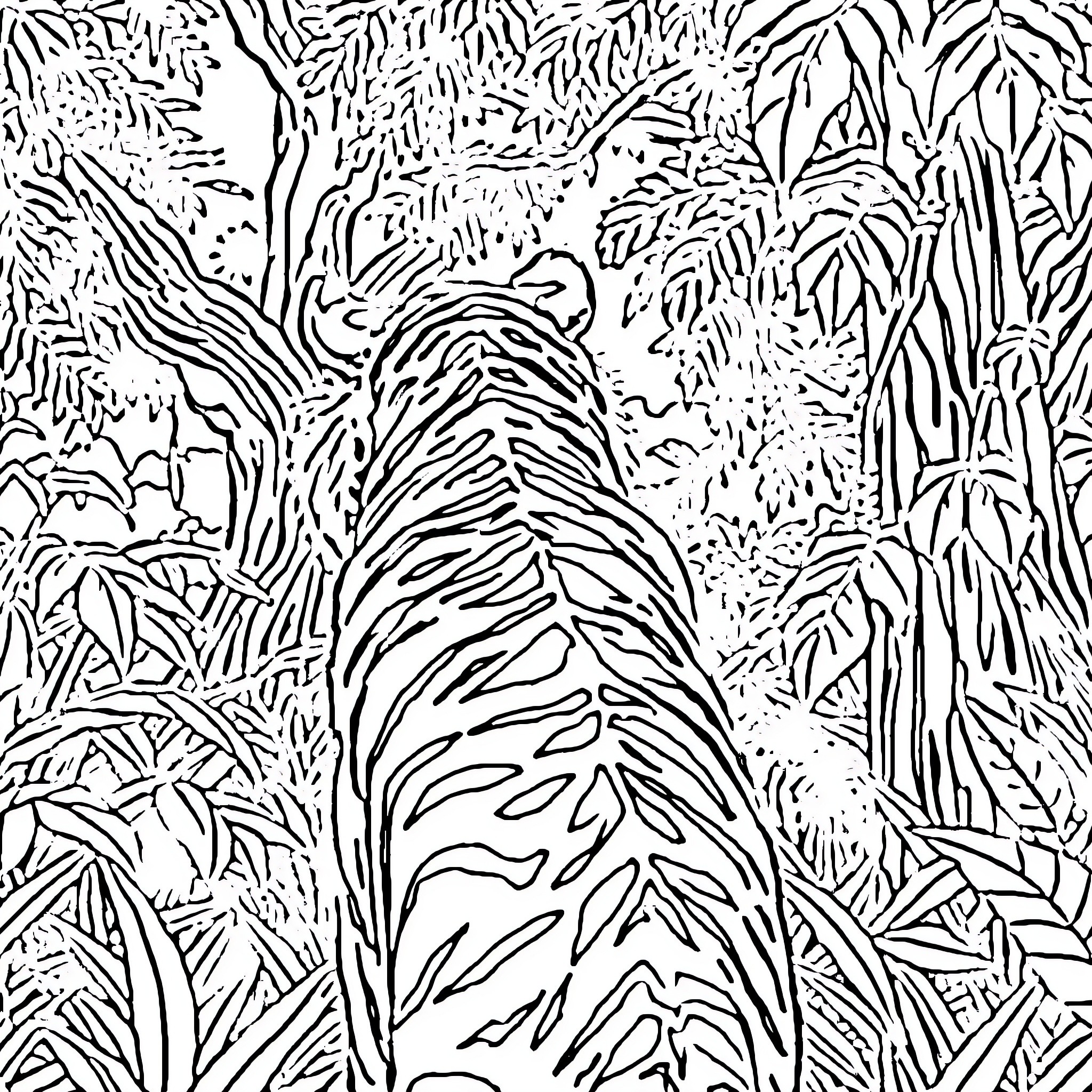Tiger Camouflaged in Lush Jungle Foliage Coloring Page (free black-and-white line drawing printable PDF for all, from beginners to advanced learners, including children, teens, adults, and seniors)