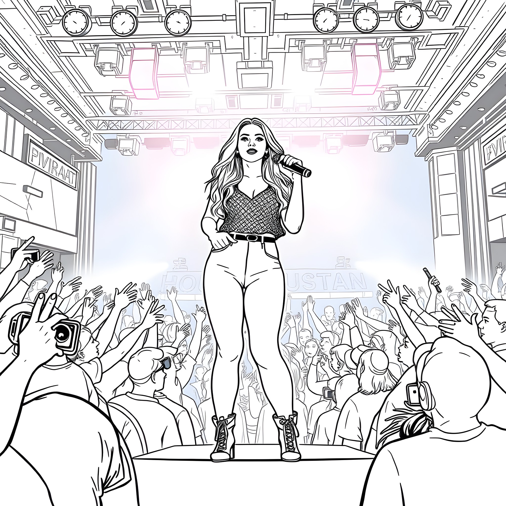 Sabrina Carpenter performing on stage with fans Coloring Page (free black-and-white line drawing printable PDF for all, from beginners to advanced learners, including children, teens, adults, and seniors)