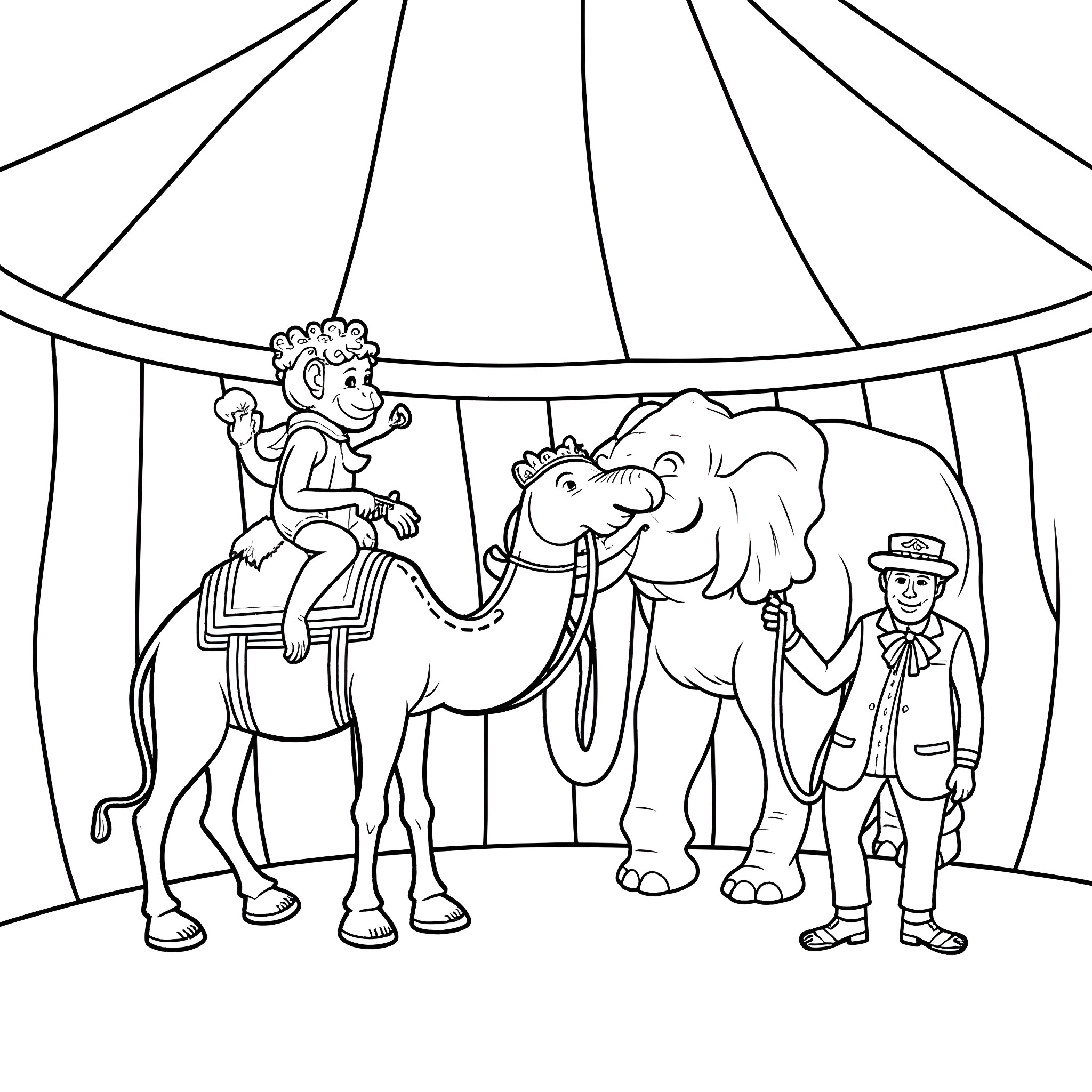 Monkey performing with elephants and trainer in circus tent Coloring Page (free black-and-white line drawing printable PDF for all, from beginners to advanced learners, including children, teens, adults, and seniors)