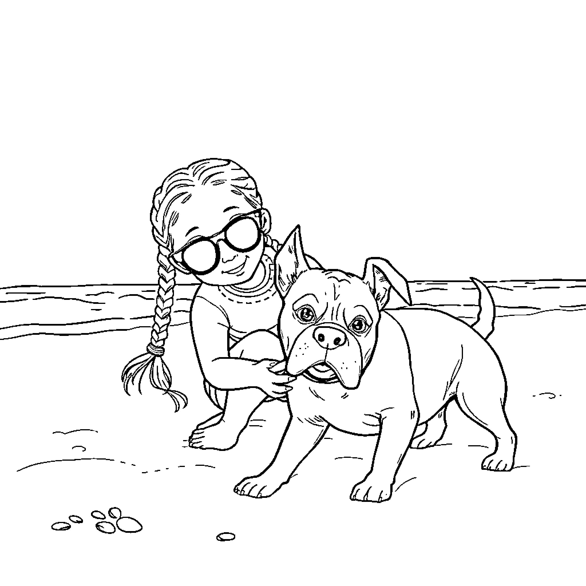 Girl playing with a puppy on the beach Coloring Page (free black-and-white line drawing printable PDF for all, from beginners to advanced learners, including children, teens, adults, and seniors)