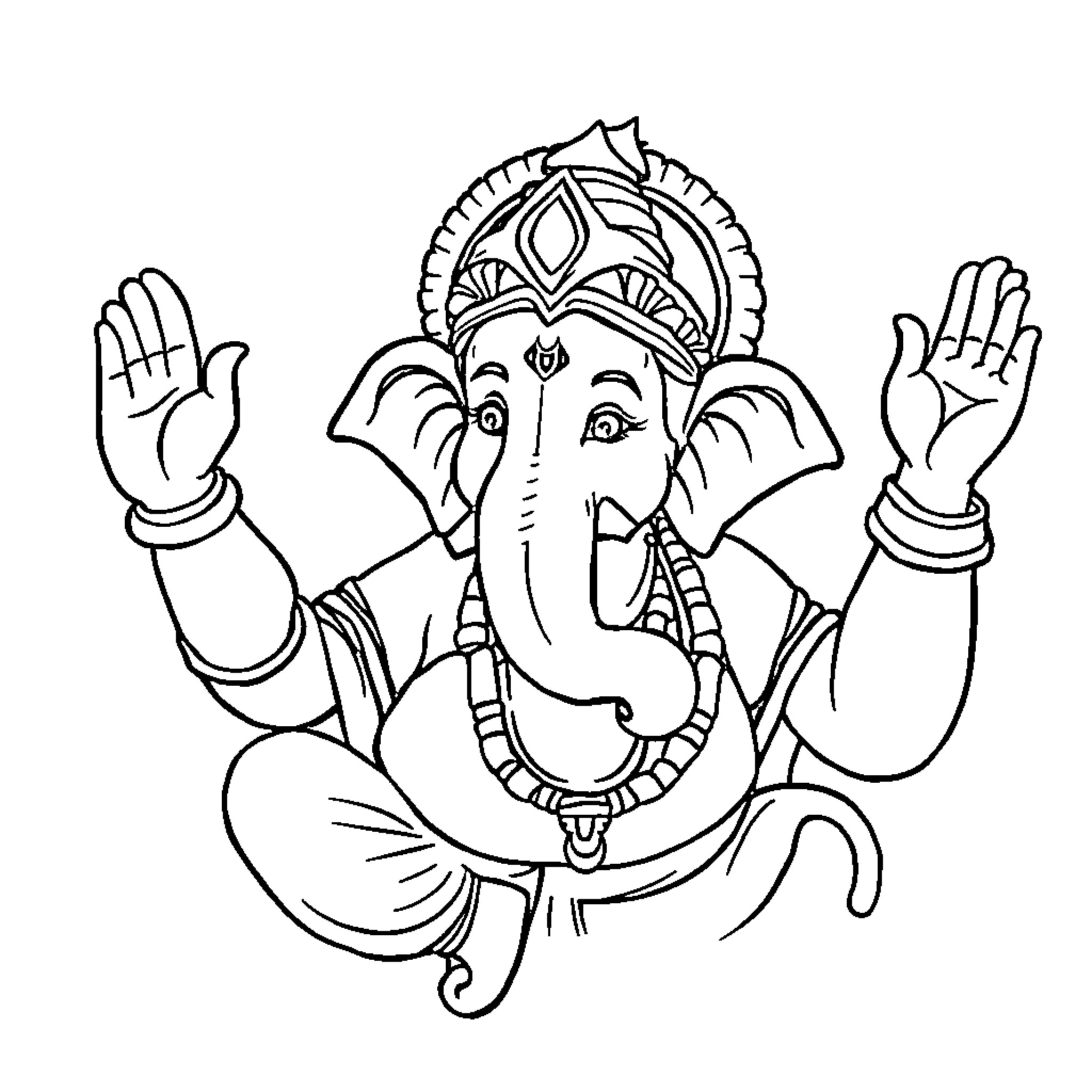 Ganapathy depicted in reverent posture Coloring Page (free black-and-white line drawing printable PDF for all, from beginners to advanced learners, including children, teens, adults, and seniors)