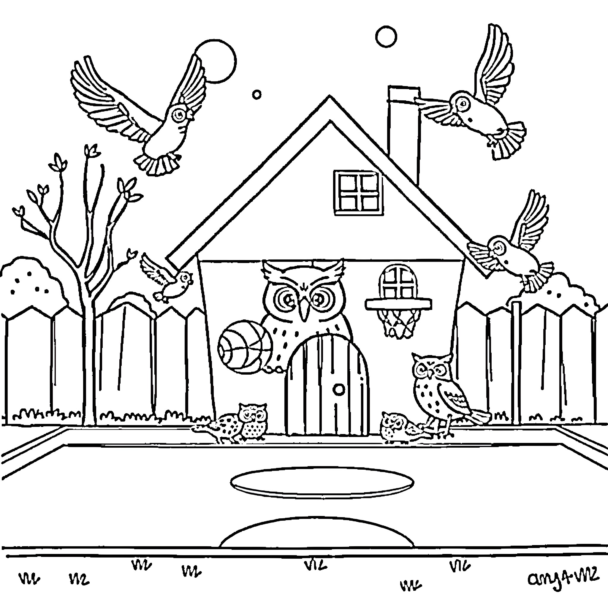 Owl House with birds, owls, and a cozy scene Coloring Page (free black-and-white line drawing printable PDF for all, from beginners to advanced learners, including children, teens, adults, and seniors)