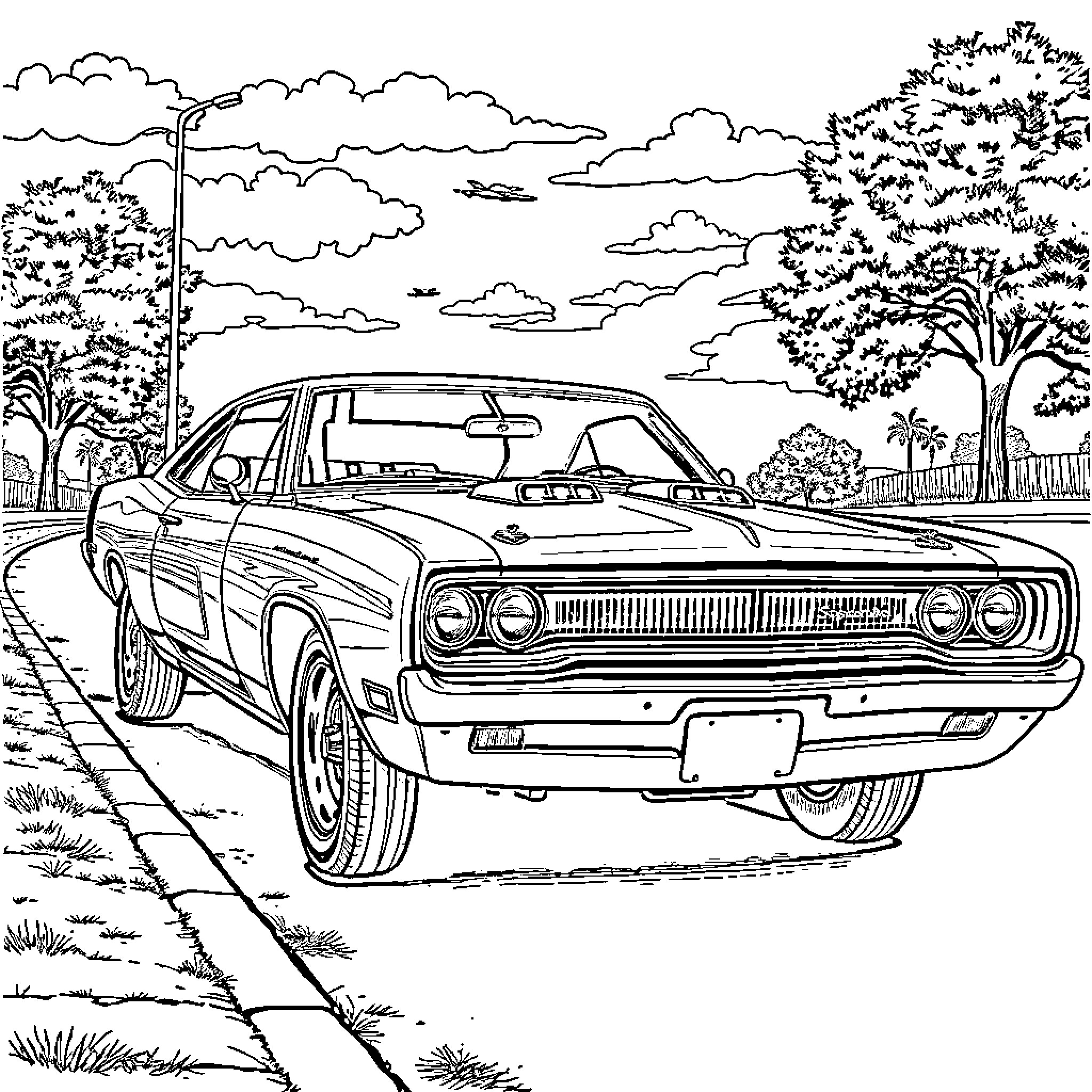 Dodge Classic Car in Scenic Landscape Coloring Page (free black-and-white line drawing printable PDF for all, from beginners to advanced learners, including children, teens, adults, and seniors)