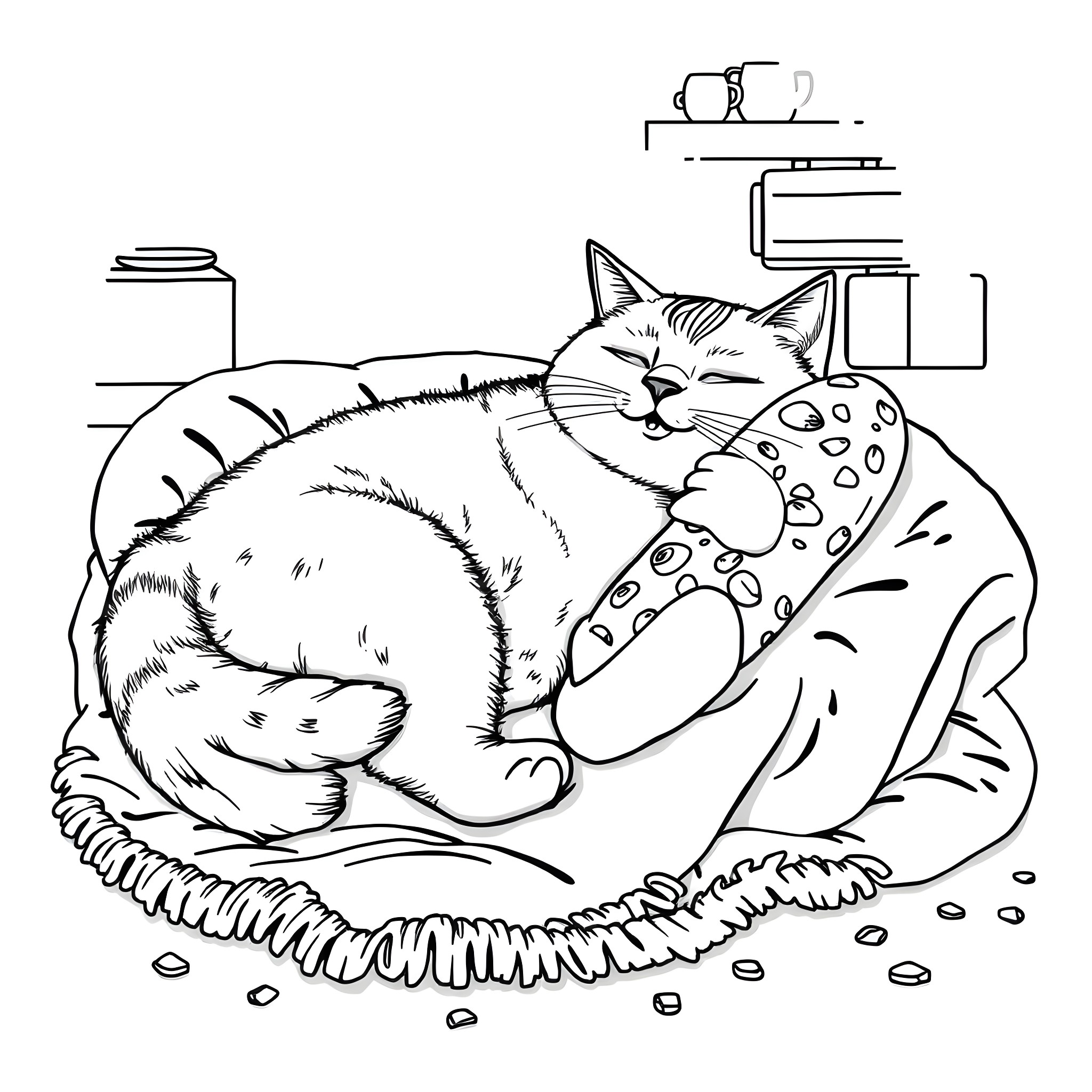 Cat resting comfortably on a cushion Coloring Page (free black-and-white line drawing printable PDF for all, from beginners to advanced learners, including children, teens, adults, and seniors)