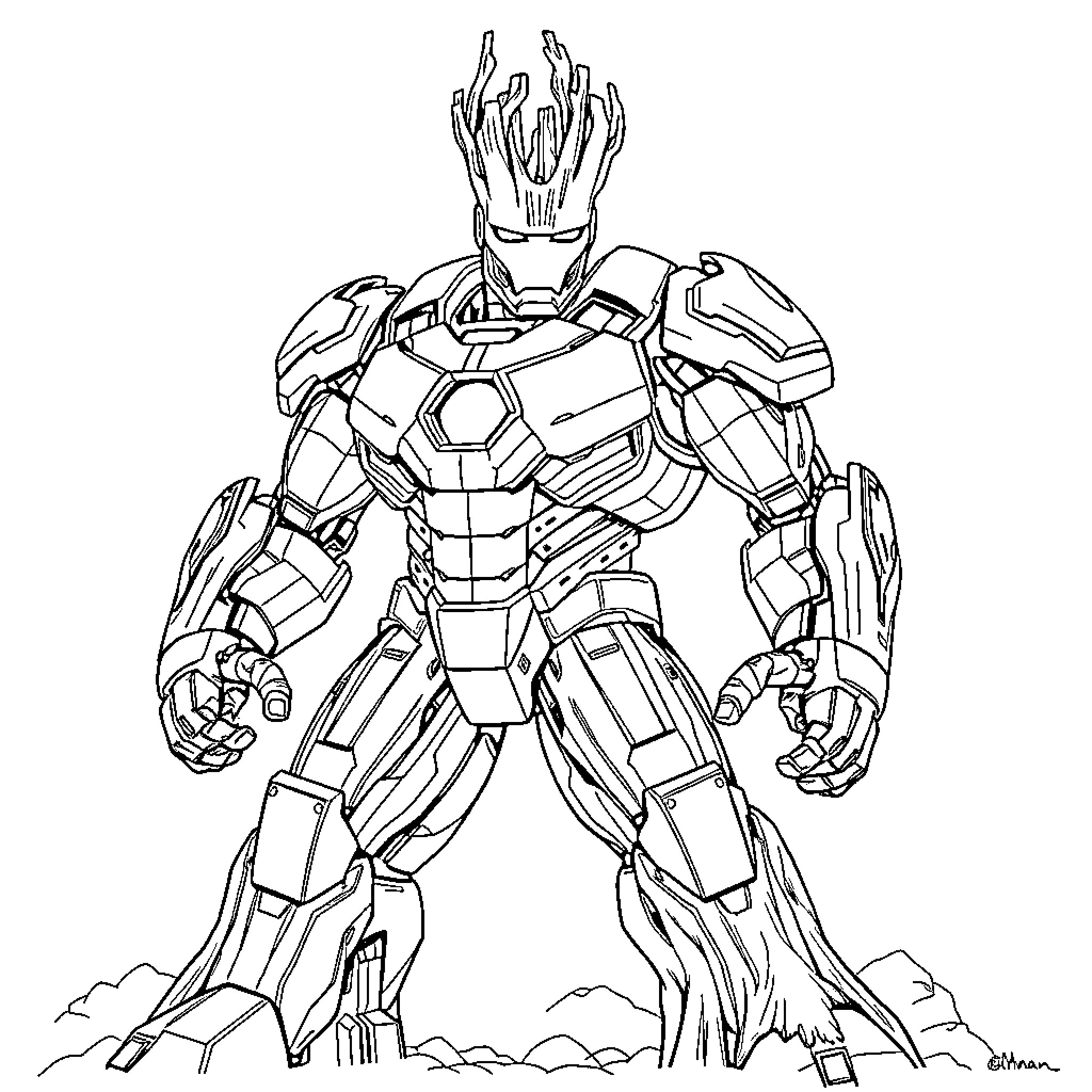 Iron Man battle-ready in futuristic armor Coloring Page (free black-and-white line drawing printable PDF for all, from beginners to advanced learners, including children, teens, adults, and seniors)