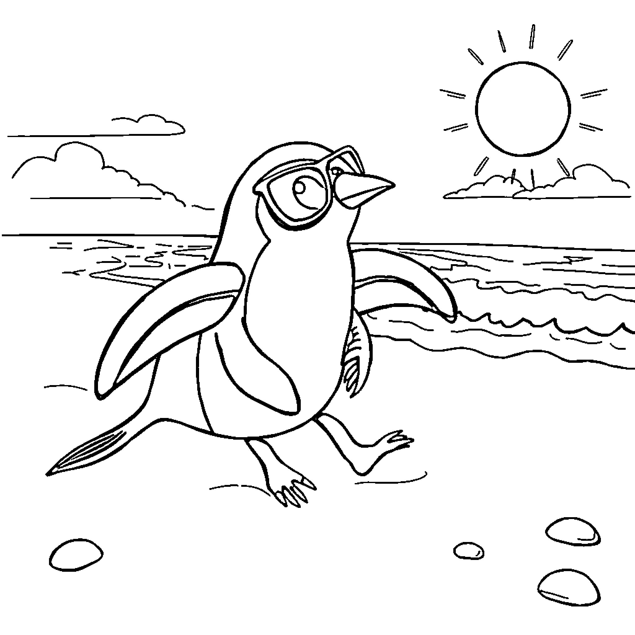 Paw Patrol Penguin's Playful Adventure on the Beach Coloring Page (free black-and-white line drawing printable PDF for all, from beginners to advanced learners, including children, teens, adults, and seniors)