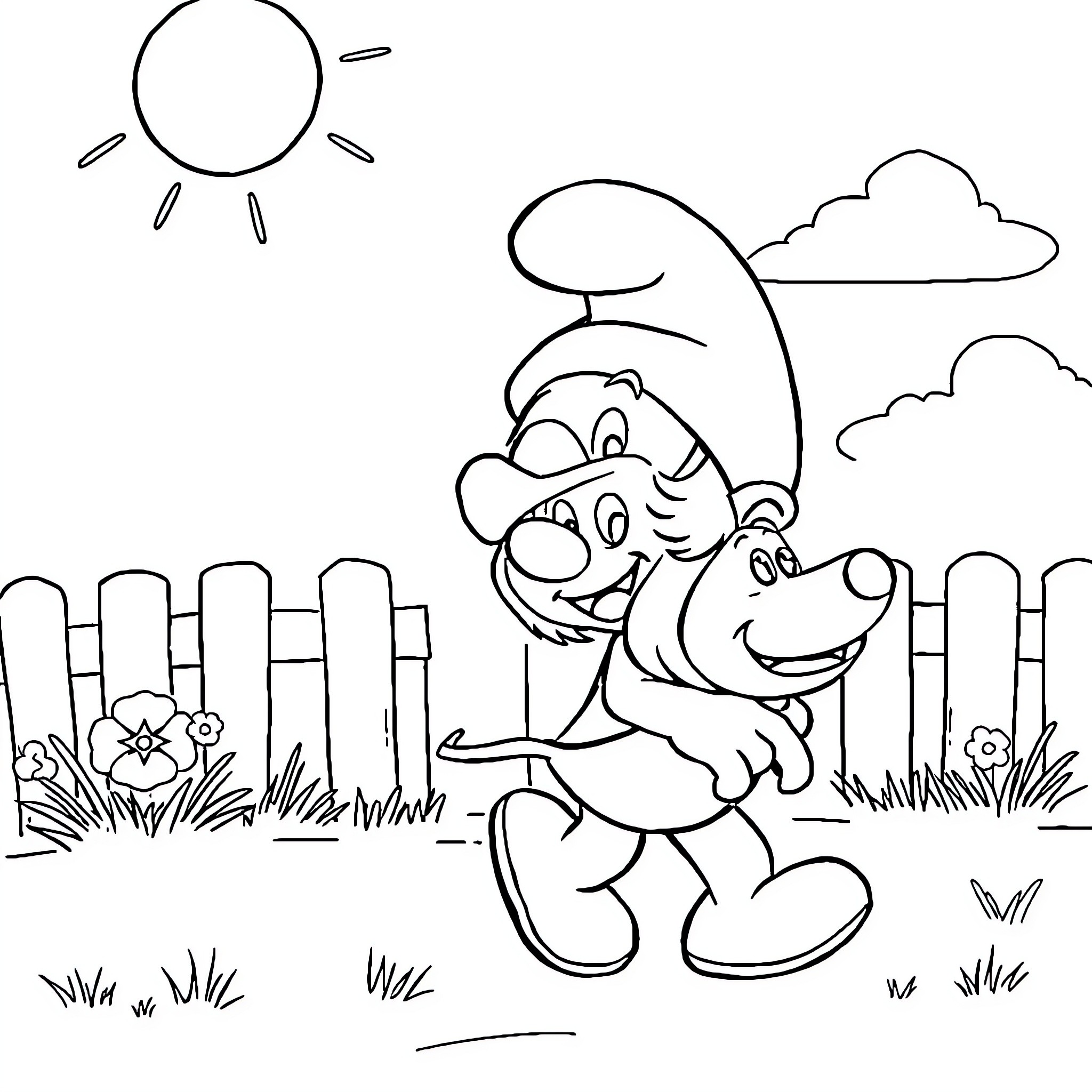 Smurf playing happily in the garden Coloring Page (free black-and-white line drawing printable PDF for all, from beginners to advanced learners, including children, teens, adults, and seniors)