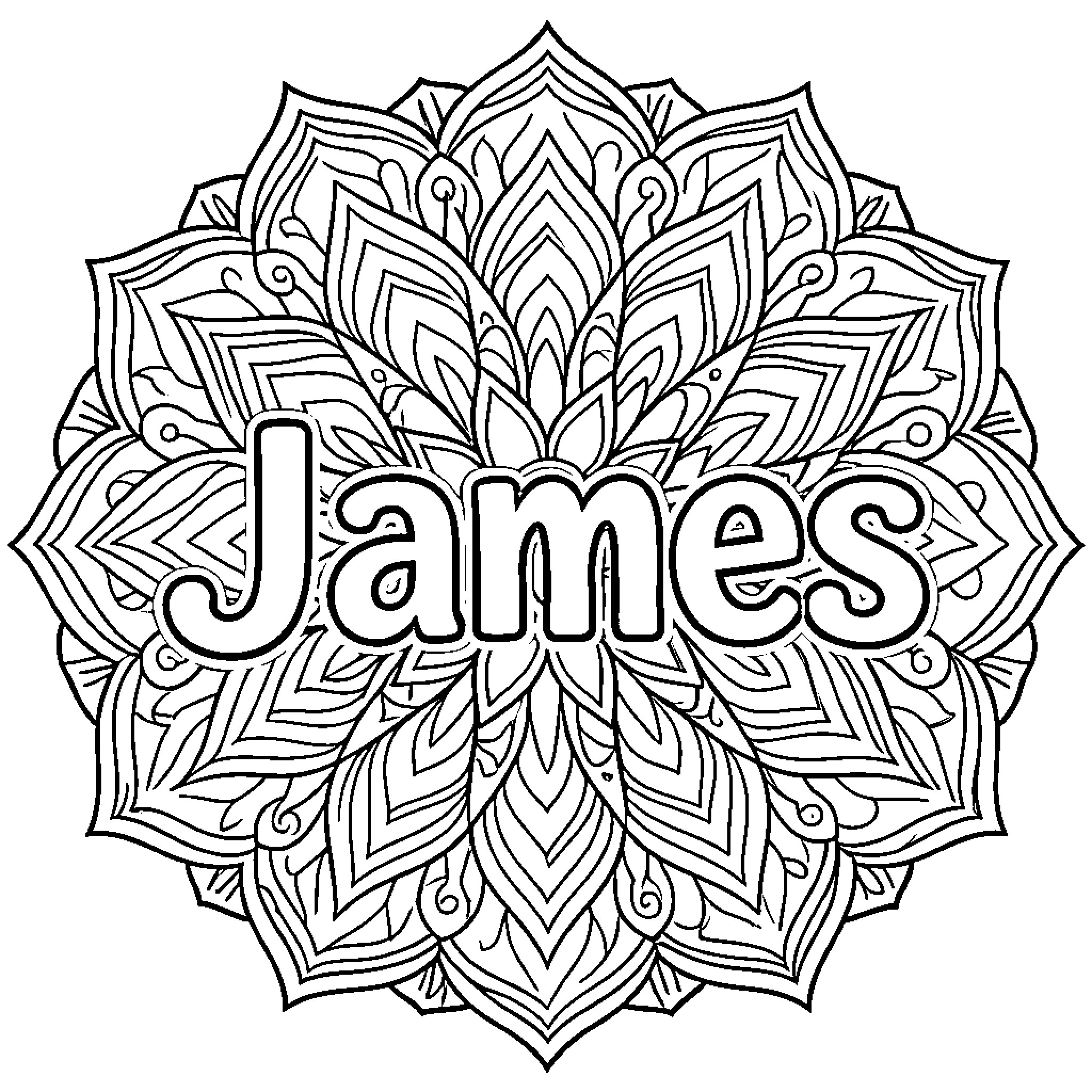 Mandala featuring the name James in a central frame Coloring Page (free black-and-white line drawing printable PDF for all, from beginners to advanced learners, including children, teens, adults, and seniors)