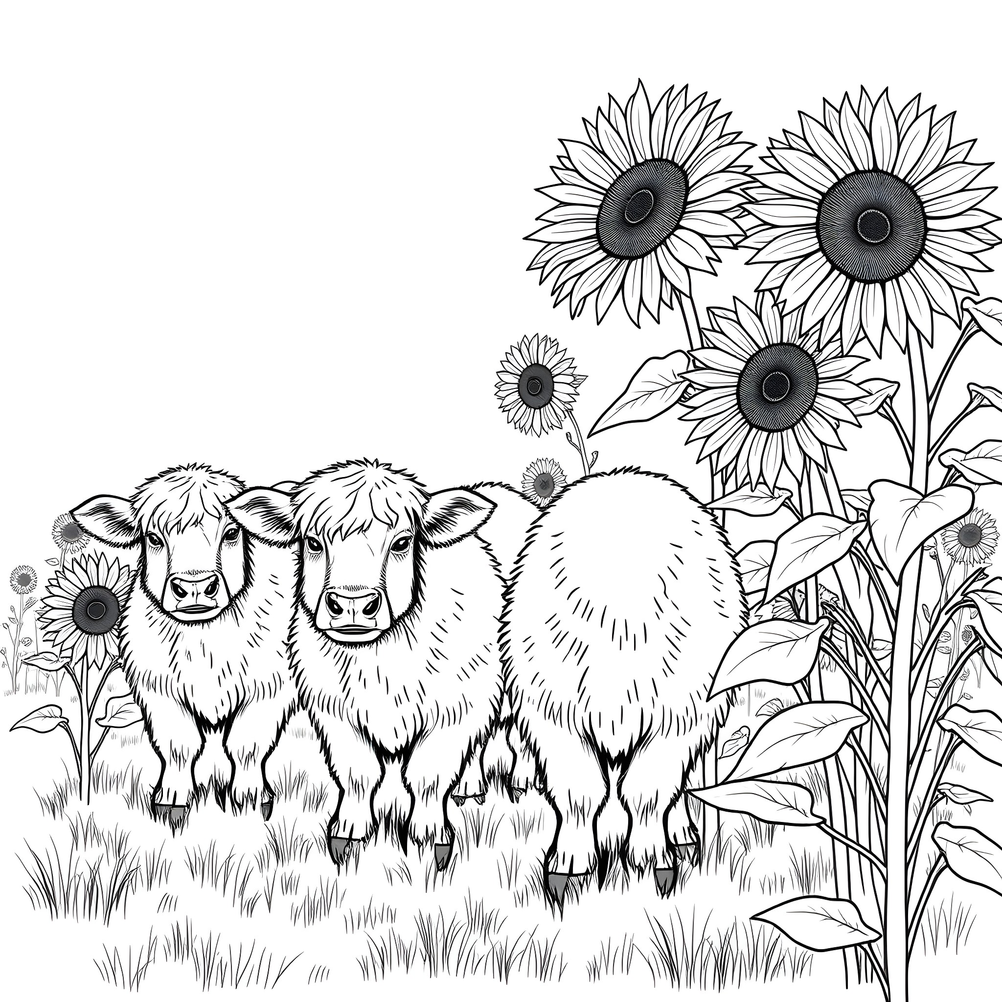 Cow calves amid sunflowers Coloring Page (free black-and-white line drawing printable PDF for all, from beginners to advanced learners, including children, teens, adults, and seniors)