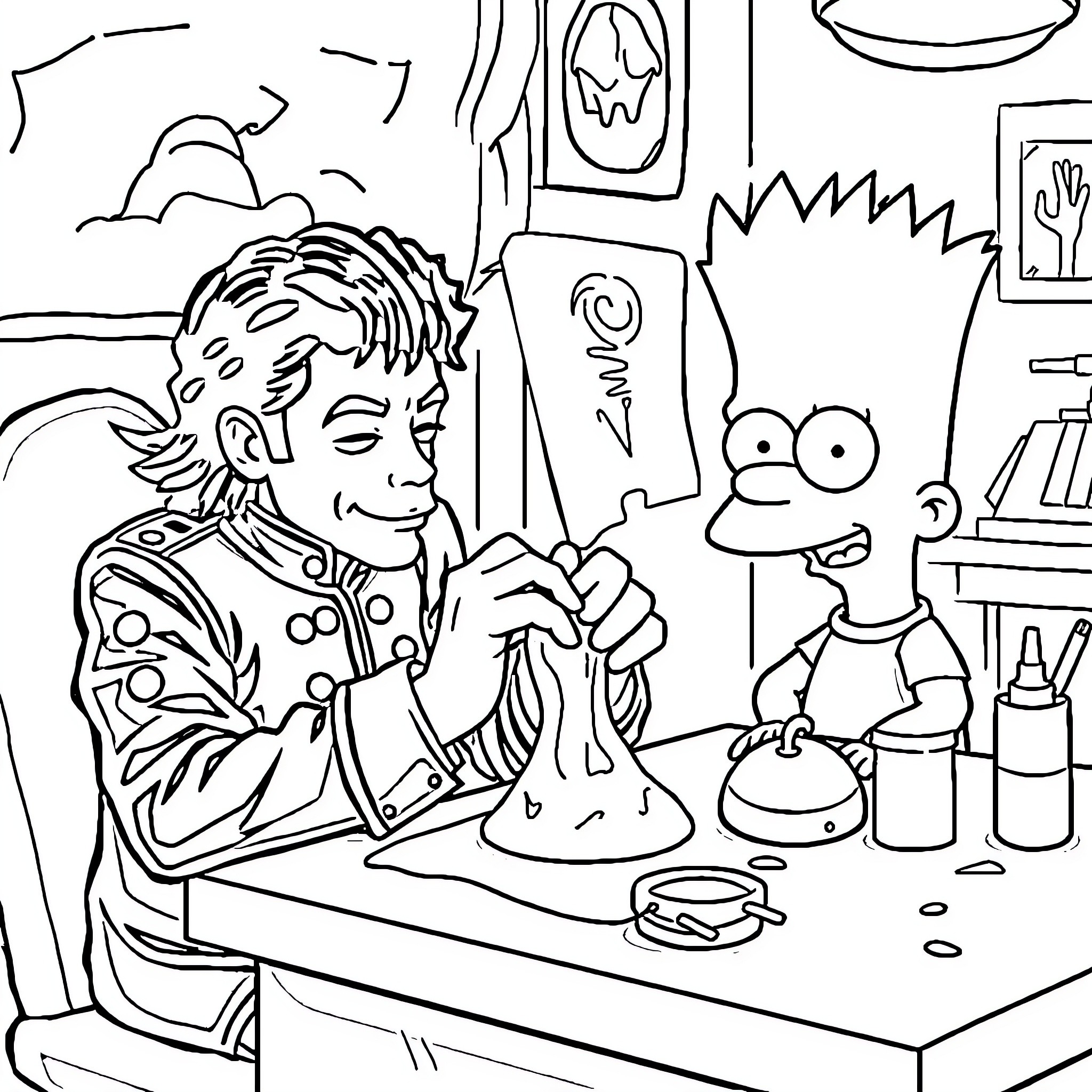 Michael Jackson's Wacky Science Experiment with Bart Simpson Coloring Page (free black-and-white line drawing printable PDF for all, from beginners to advanced learners, including children, teens, adults, and seniors)