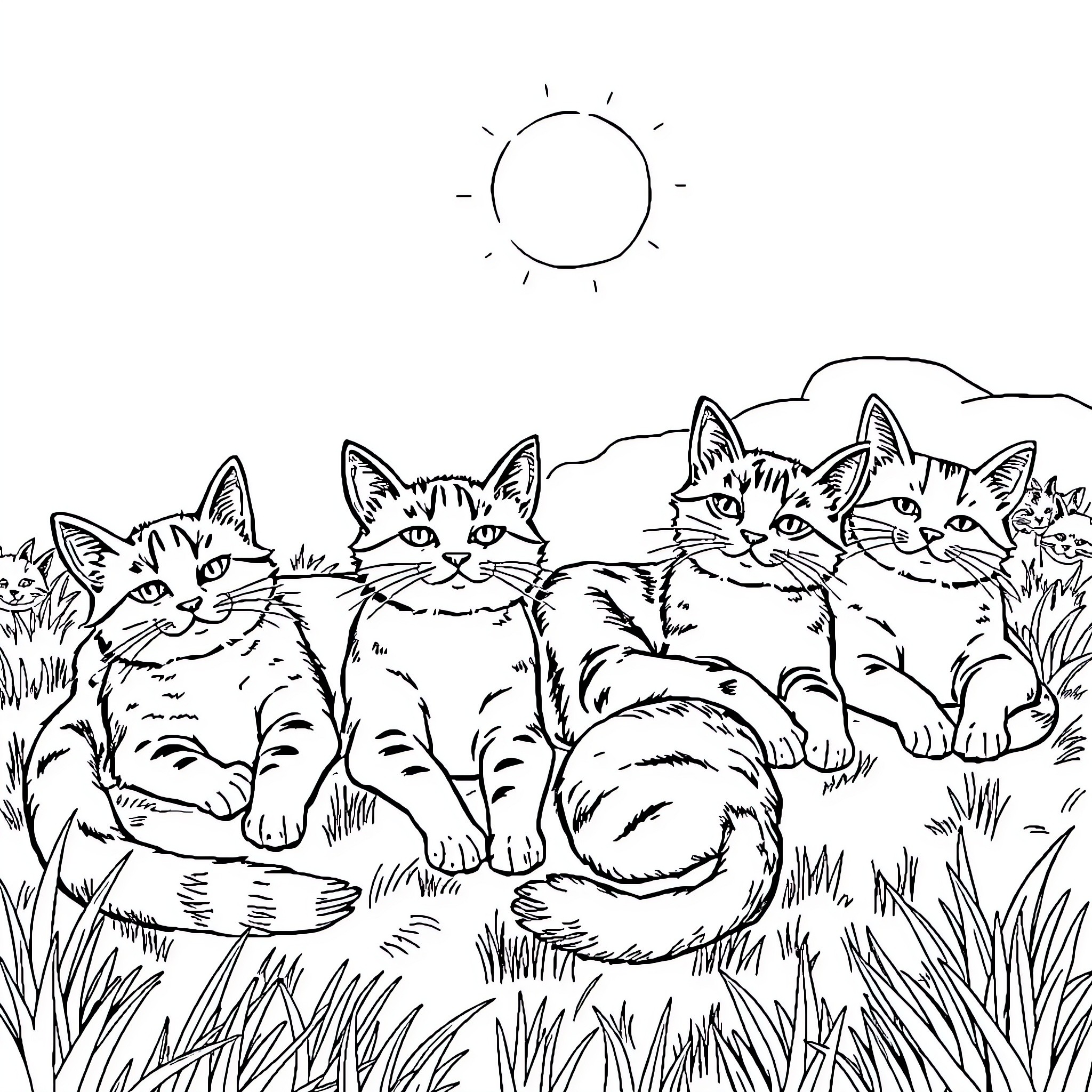 Cat family relaxing in the field Coloring Page (free black-and-white line drawing printable PDF for all, from beginners to advanced learners, including children, teens, adults, and seniors)