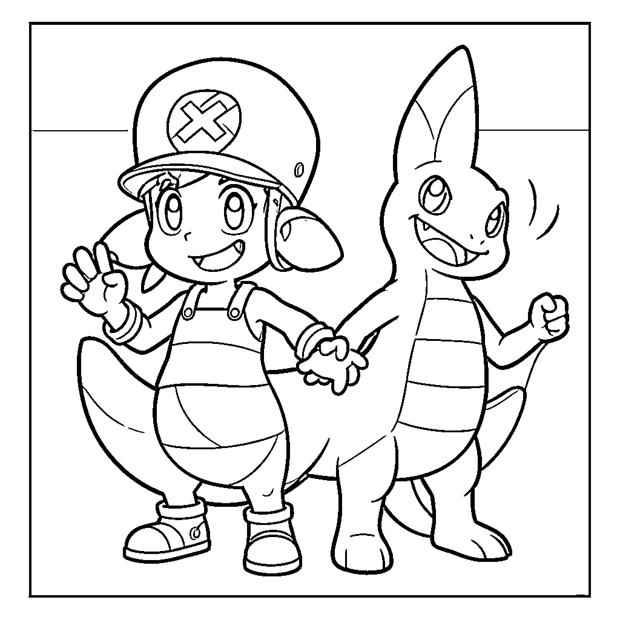 Chopper holding hands with a friendly dinosaur character Coloring Page (free black-and-white line drawing printable PDF for all, from beginners to advanced learners, including children, teens, adults, and seniors)